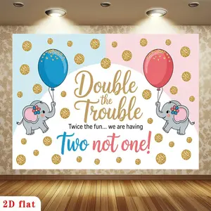 2D Flat, [party Banner] 2D Flat Banner, 1pc Double Trouble Pink Blue Balloons Elephants Golden Confetti Twins Backdrop, for Party Decor Garden, Club, Farm, Home, Room, No Electricity, Gift for Halloween, 2D Fla