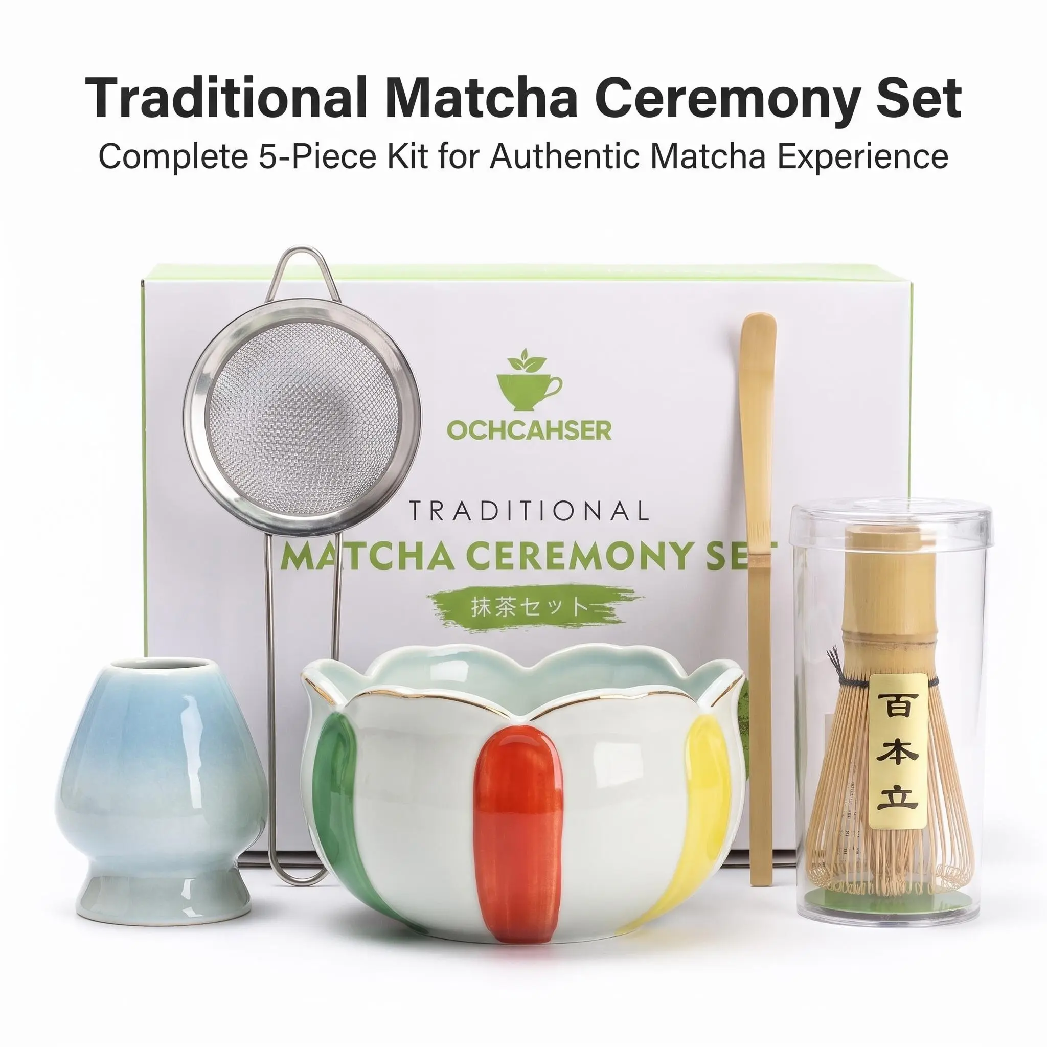 5-piece Matcha Whisk Set, Japanese Ceremonial Matcha Whisk Kit, 100% Natural Bamboo Whisk, Ceramic Whisk Holder, Stainless Steel Sifter, Tea Scoop, Gift for Matcha Lovers Beginners