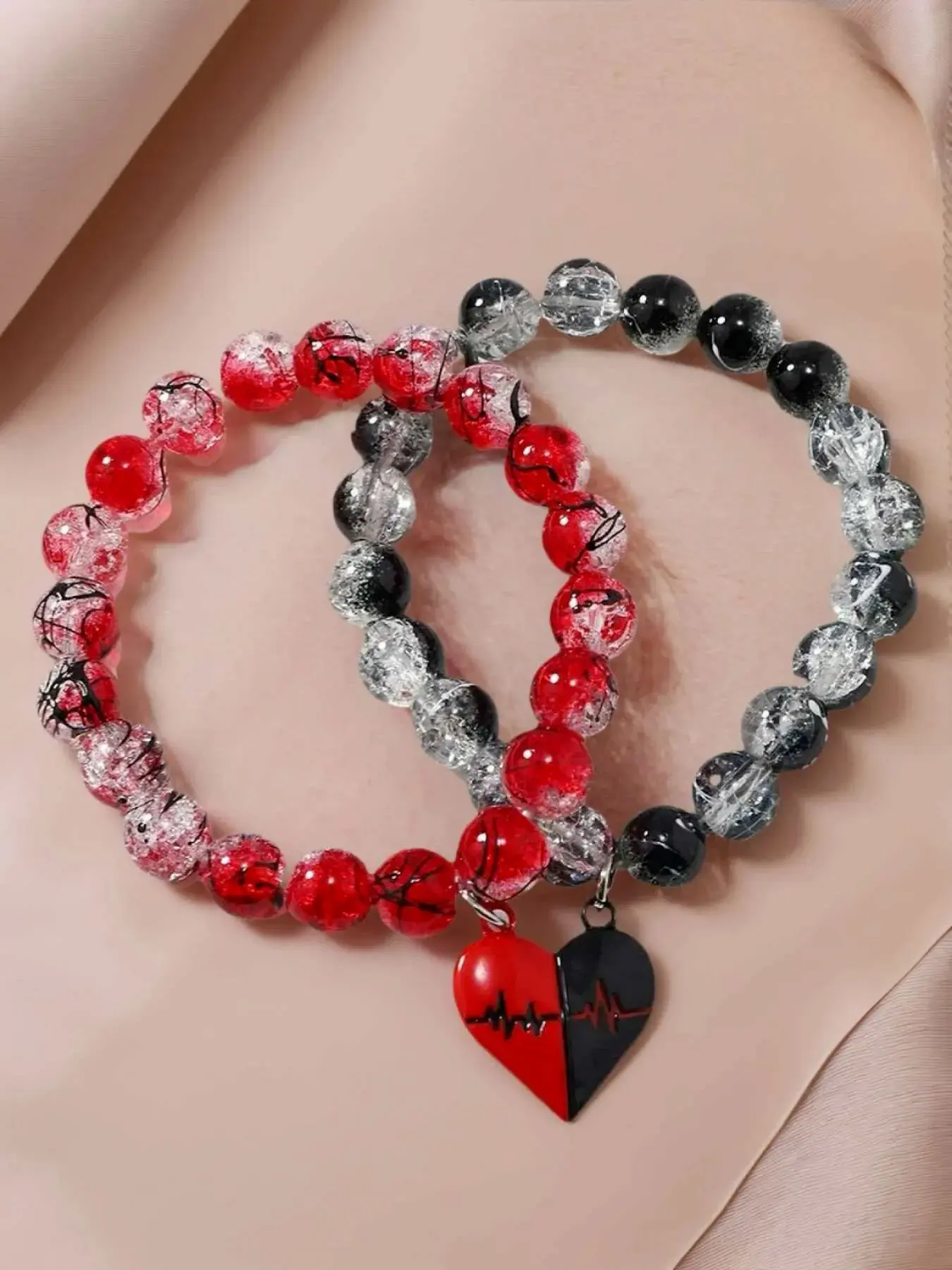 2 Pcs Couple Heart Beaded Bracelets, Gothic Punk Style, Unisex Matching Love Jewelry, Fashion Accessories for Couples
