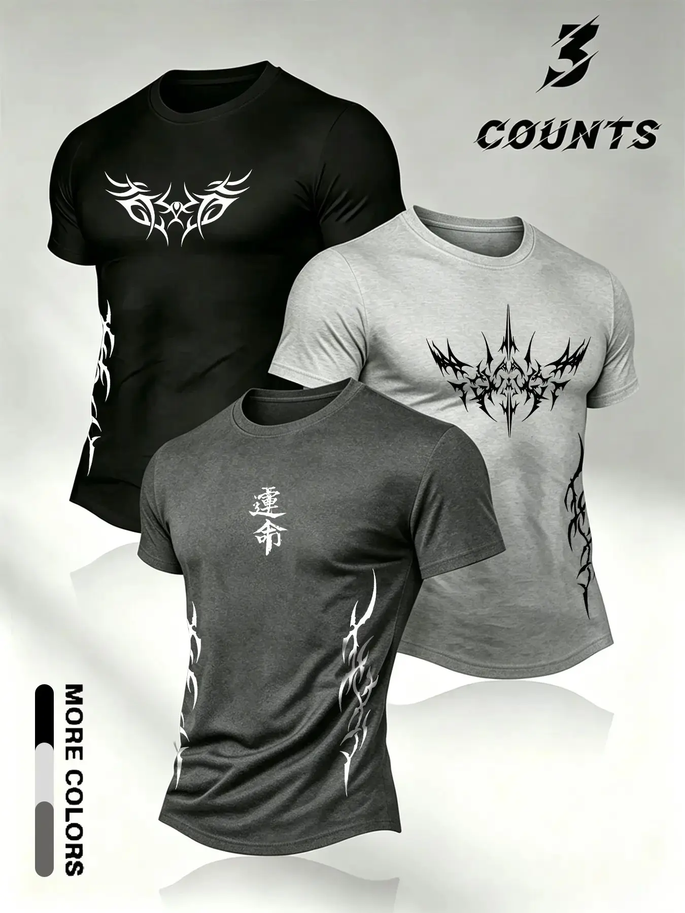 3 Pack Men's Slim Fit Athletic T-Shirts, Crew Neck Short Sleeve Workout Tees with Tribal Thorn Graphic, Double Sided Print Gym Training Tops, Fitness Shirts