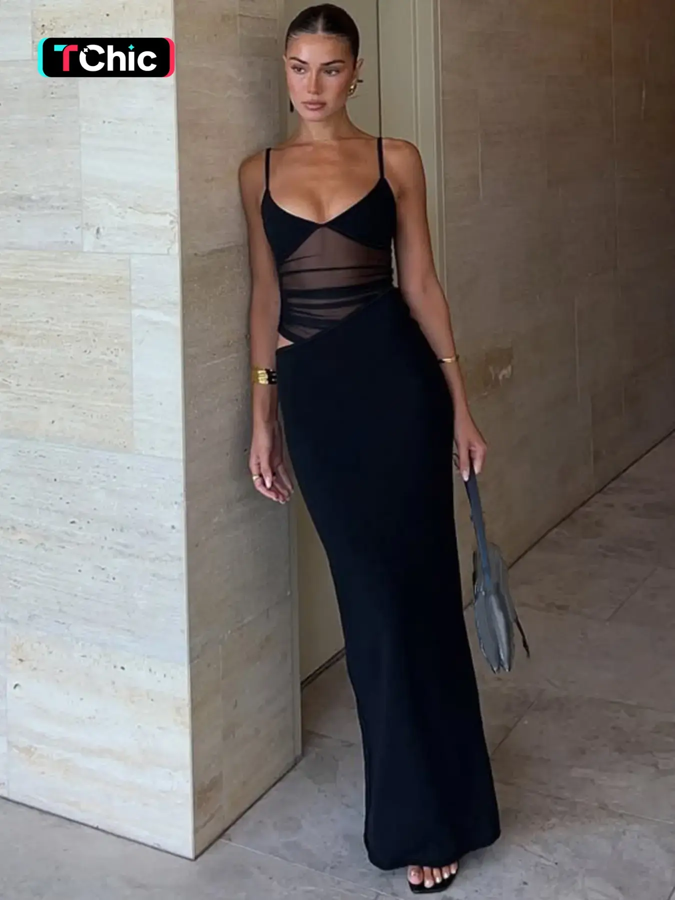 Women's Cut Out Sheer Mesh Cami Elegant Sleeveless Bodycon Dress, Womenswear Sexy Chic Statement Sleeveless Spaghetti Strap Dress for Party Club Dating Wear, Ladies Summer Clothes, Chic Sheer Gown