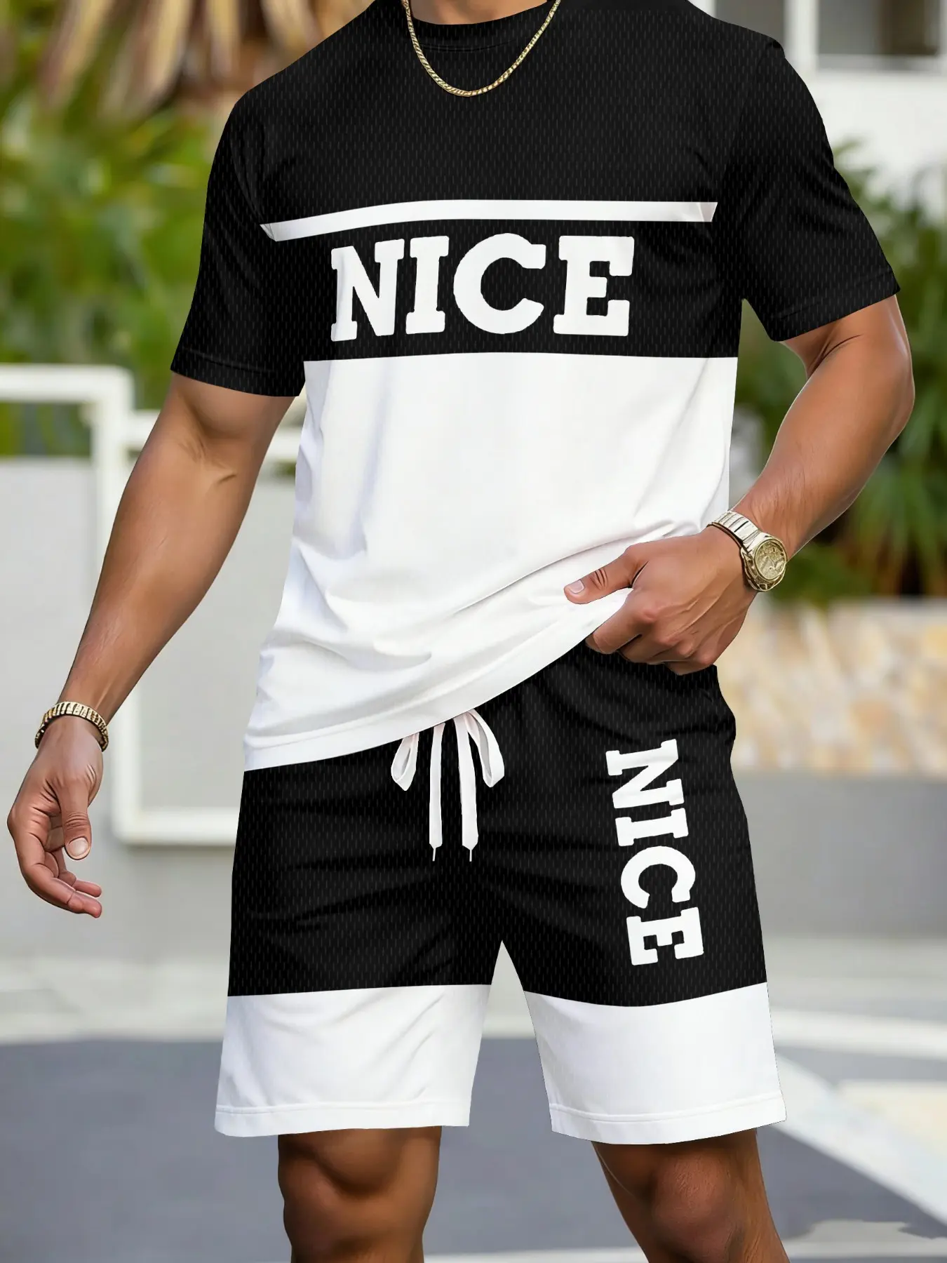 Men's Patchwork Short Sleeve T-Shirt with Gym Shorts Set, Matching, Casual Fashion Trendy, Summer Beach Wear