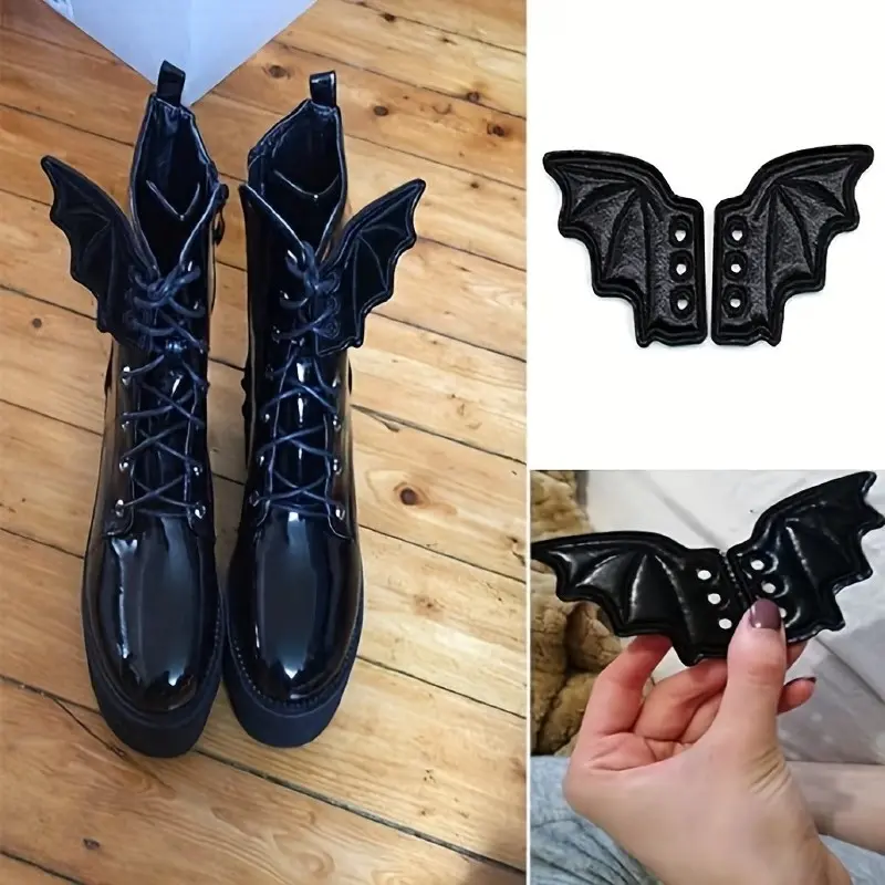 3pcs Embroidered Bat Wing Shoe Decorations, Detachable Punk Devil Wings Buckle, Gothic Costume Accessories, Halloween Sneaker Decoration