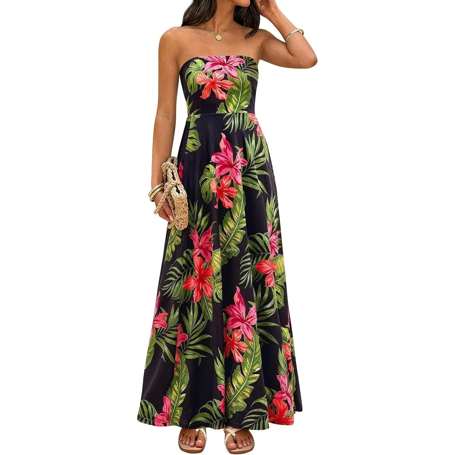 Women's 2026 High Waisted Classy Bohemian Sleeveless Strapless Floral Tube Top Flowy Maxi Dress - Fit Outfits for Casual, Tropical Beach Vacation; Maternity Appropriate Clothes