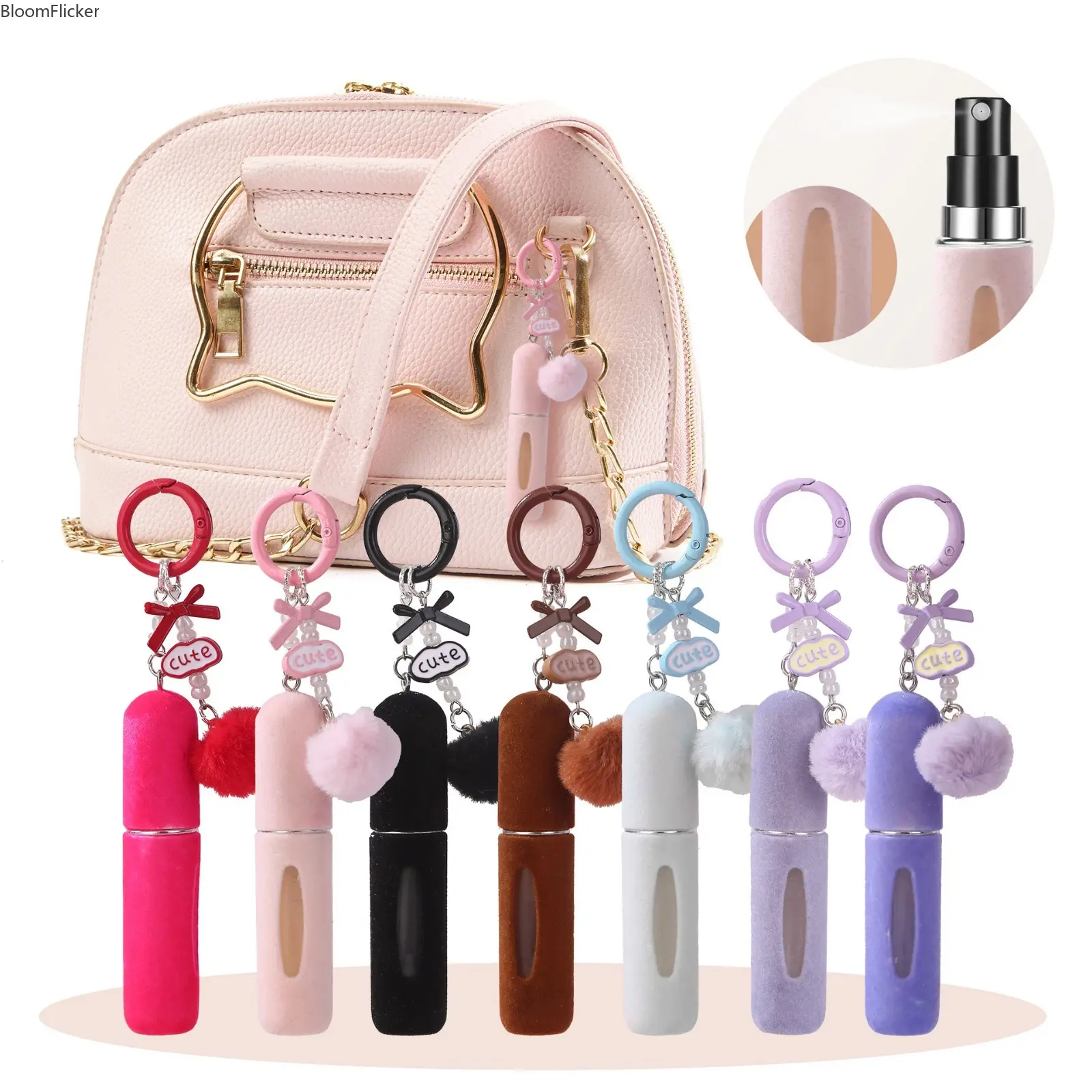Plush‑styled Perfume Bottle Keychain Charm, 5ml Refillable Travel‑sized Scent Vial, Bottom‑fill Portable Perfume Dispenser Bottle, Aesthetic Bag Pendant, Mini Fragrance Container for Daily‑outing, Vacation and personal beauty storage
