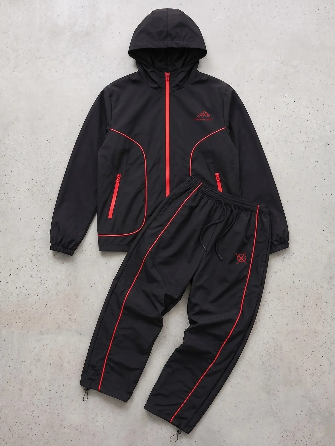 Mountain Compass Print Outdoor Sporty Suit, Men's 2 Piece Tracksuit Set with Contrast Piping, Hooded Full Zip Windbreaker Jacket with Zipper Side Pocket, Quick Dry Athletic Jogger Pants with Adjustable Drawstring Ankle Cuffs, Quick Drying Tracksuit