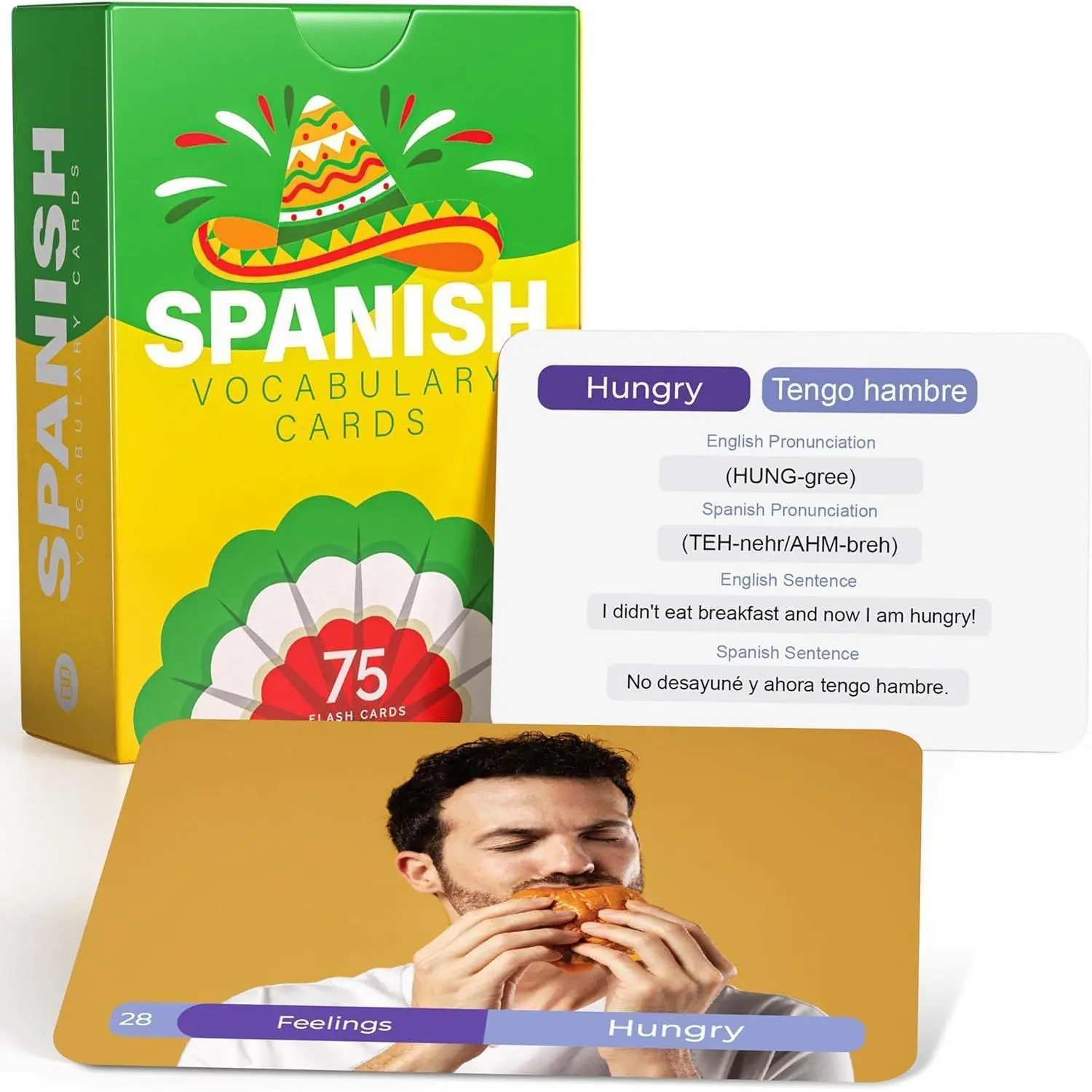 Spanish Vocabulary Flash Cards for Kids and Adults, 75 Bilingual Learning Cards with Pronunciation and Sentences, Educational Study Tool for Classroom Homeschool Travel Language Practice by