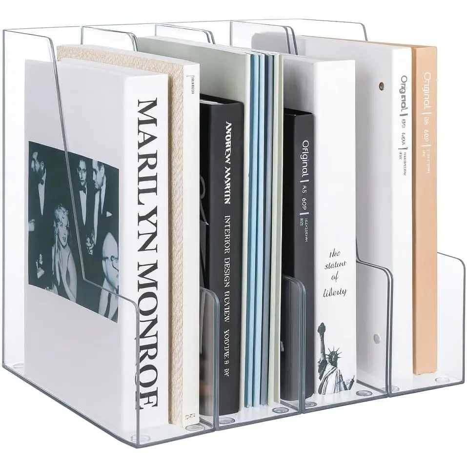 4 Pack Clear Vertical Magazine File Holder, Plastic Desk Organizer Storage Bins for Magazines, Binders, Notebooks, Envelopes