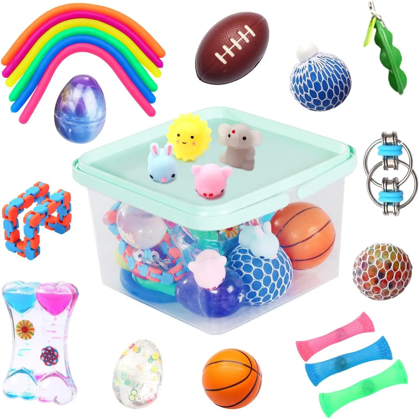 24 Pack Fidget Toys for Adults with Liquid Motion Timer Mochi Squishy Stretchy String Flippy Chain Easter Egg Marble Mesh Squeeze Bean Stress Ball for Giftfidget toys