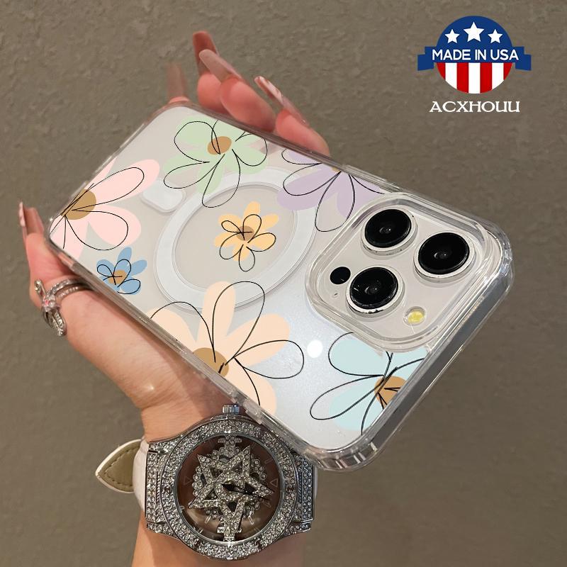 Magnetic Soft Case for iPhone17 Promax 16 Plus 15 14 13 12 11, Cartoon Flowers MagSafe Compatible,Springtok Aesthetic Pattern Design Lightweight,y2k cased,AntiScratch,and Trendy Protector Screen Protector Resistance Protection.HMG167