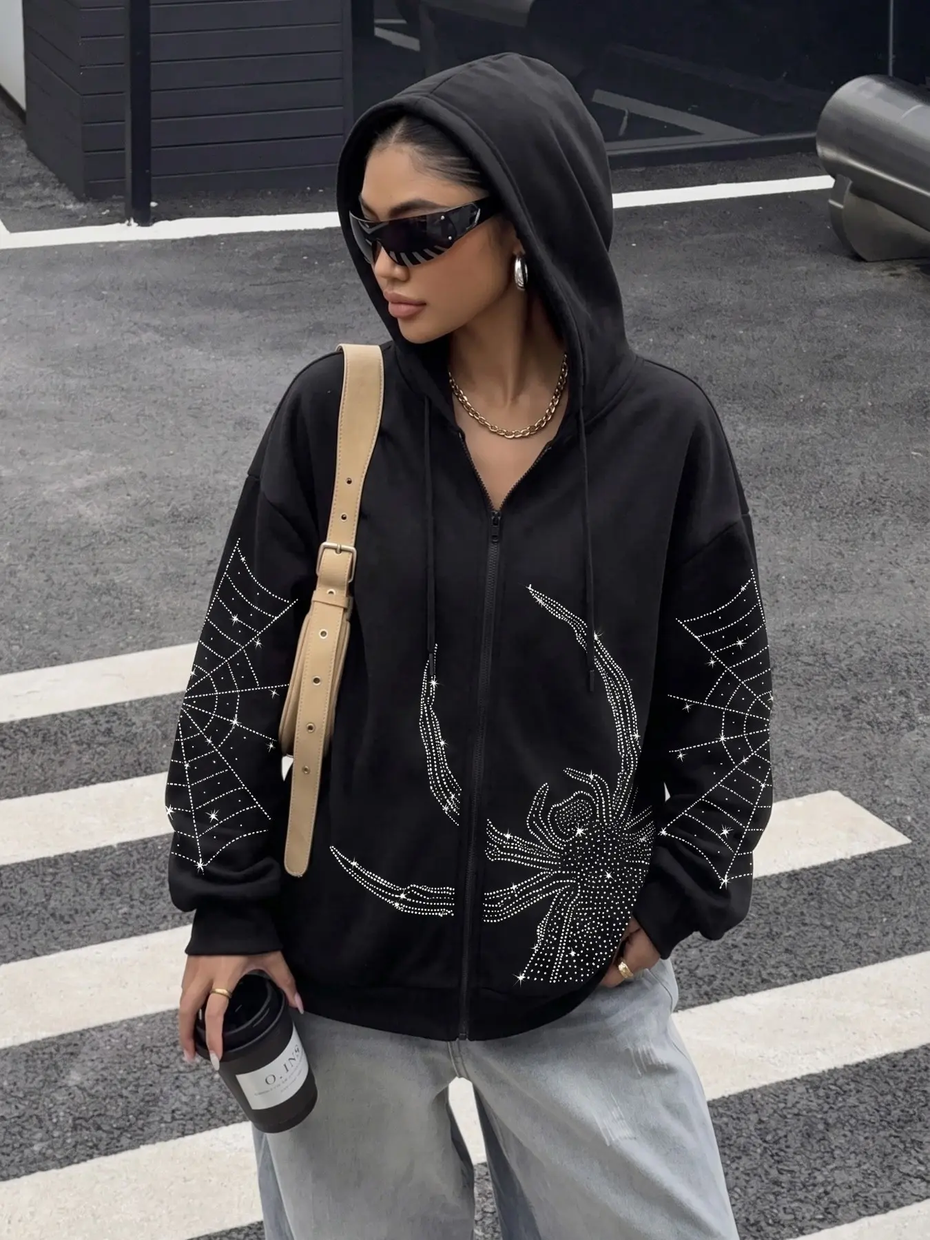 Women's Full‑Zip Hooded Jacket, Rhinestone Spider & Spiderweb Pattern, Y2K Gothic Punk Casual Street‑Style Outerwear for Halloween Themed Parties, Night‑time Outings, Music Festivals, Weekend Gatherings and Urban Street‑Shooting Looks