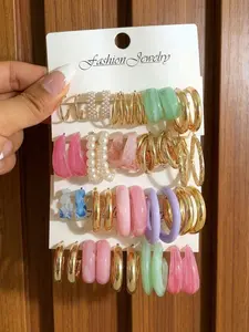 20 Pairs Spring Summer Candy Color Large Circle Earrings Set, Ink Wash Resin Pearl Ear Rings, Korean Sweet Style Cute Jewelry Fashion Accessories