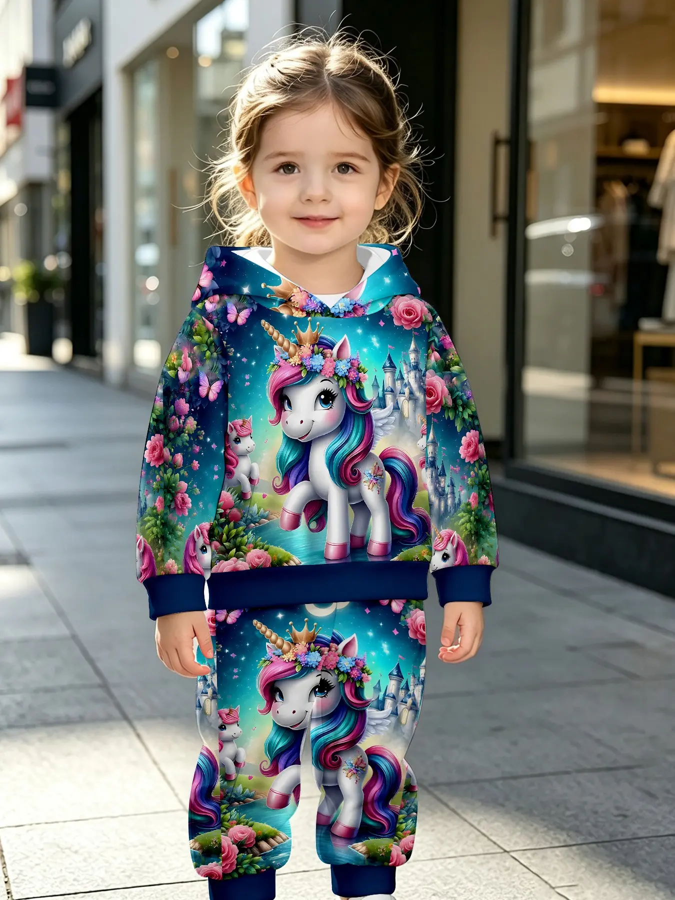 Fairy Tale Unicorn Castle Print Long Sleeve Hoodie and Sweatpants Set, Cute Cartoon for Fall & Winter