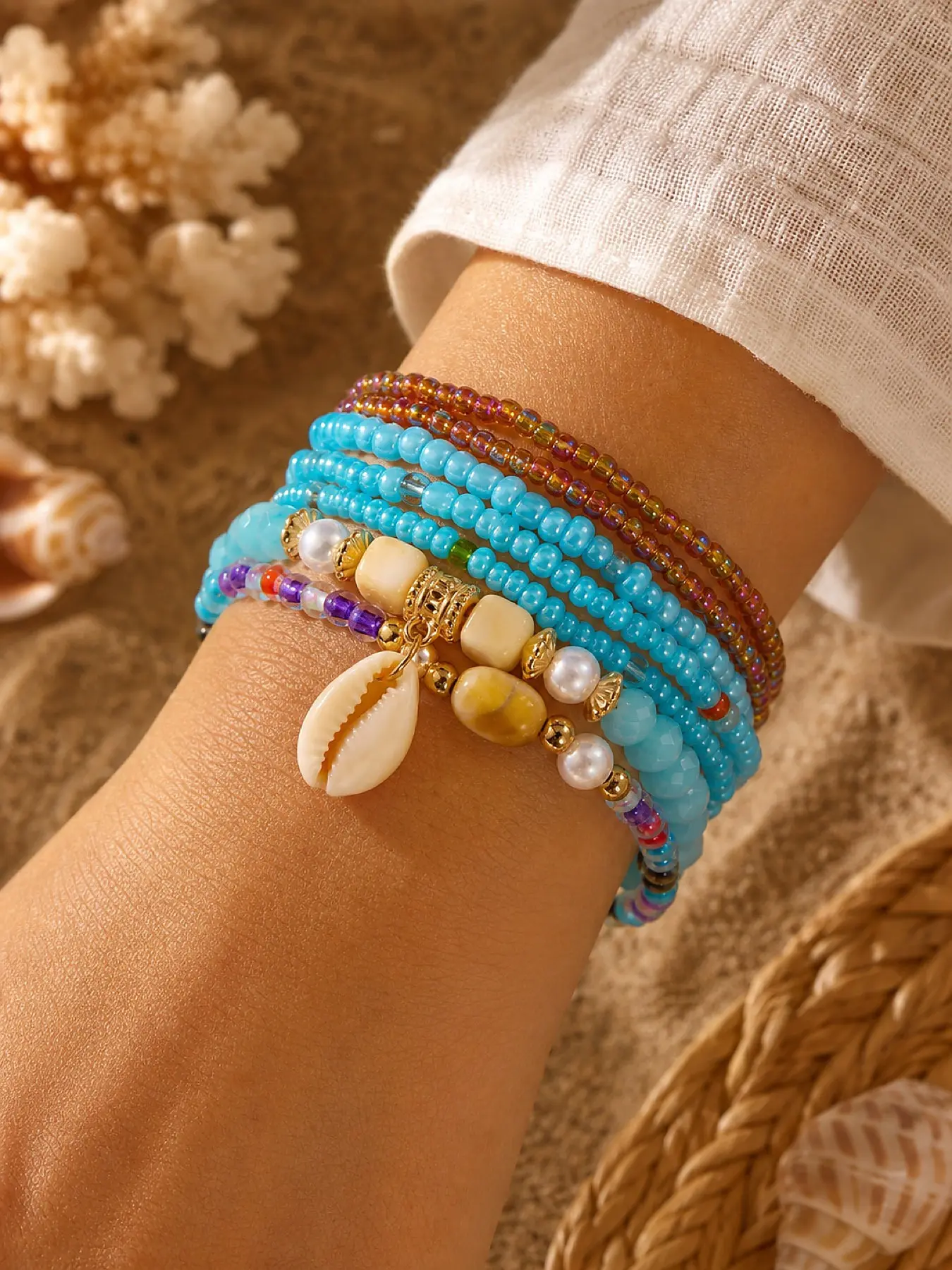 Boho Multi-Layer Beaded Shell Bracelet Set, Elegant Handmade Jewelry, Perfect for Daily Wear & Special Occasions, Unique Gift Idea