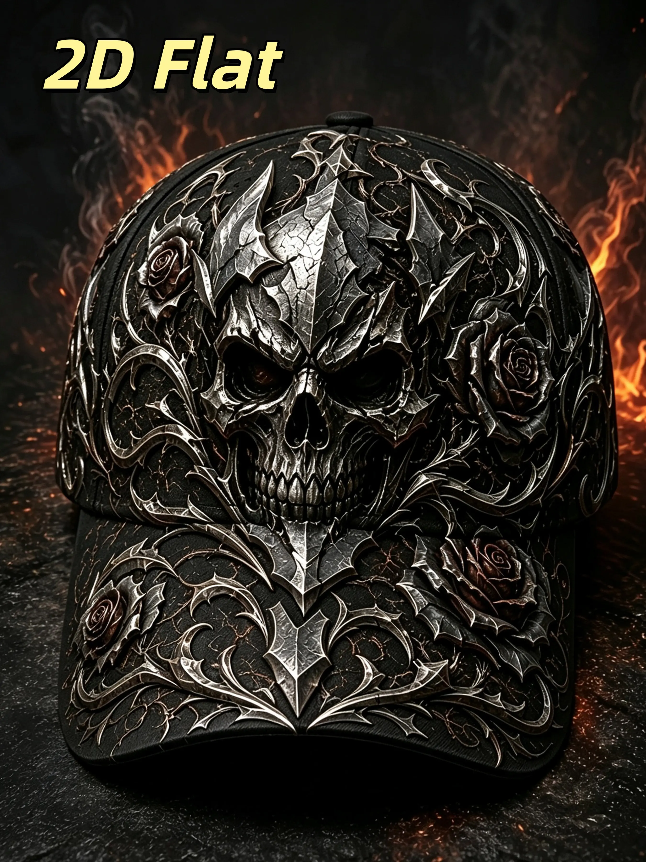 Gothic 2D Metal Skull Rose Print Baseball Hat, Unisex Vintage Wash Snapback, Punk Style, Adjustable Design, Rock & Motorcycle Lovers