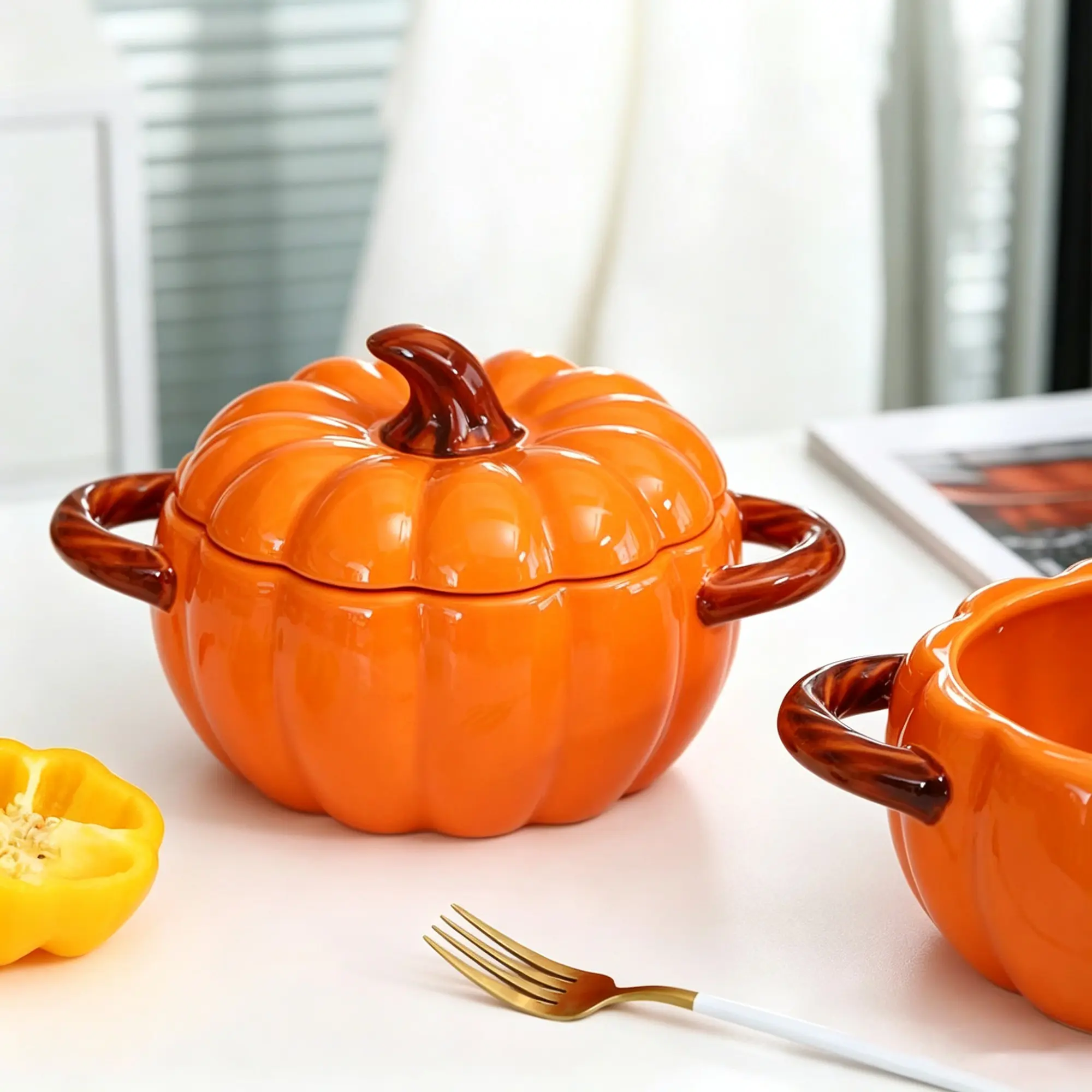 50oz Ceramic Pumpkin Dutch Oven with Lid Small Pot, Heat-Resistant Handles, Microwave & Dishwasher Safe, Halloween Christmas Party Dessert, Home Use