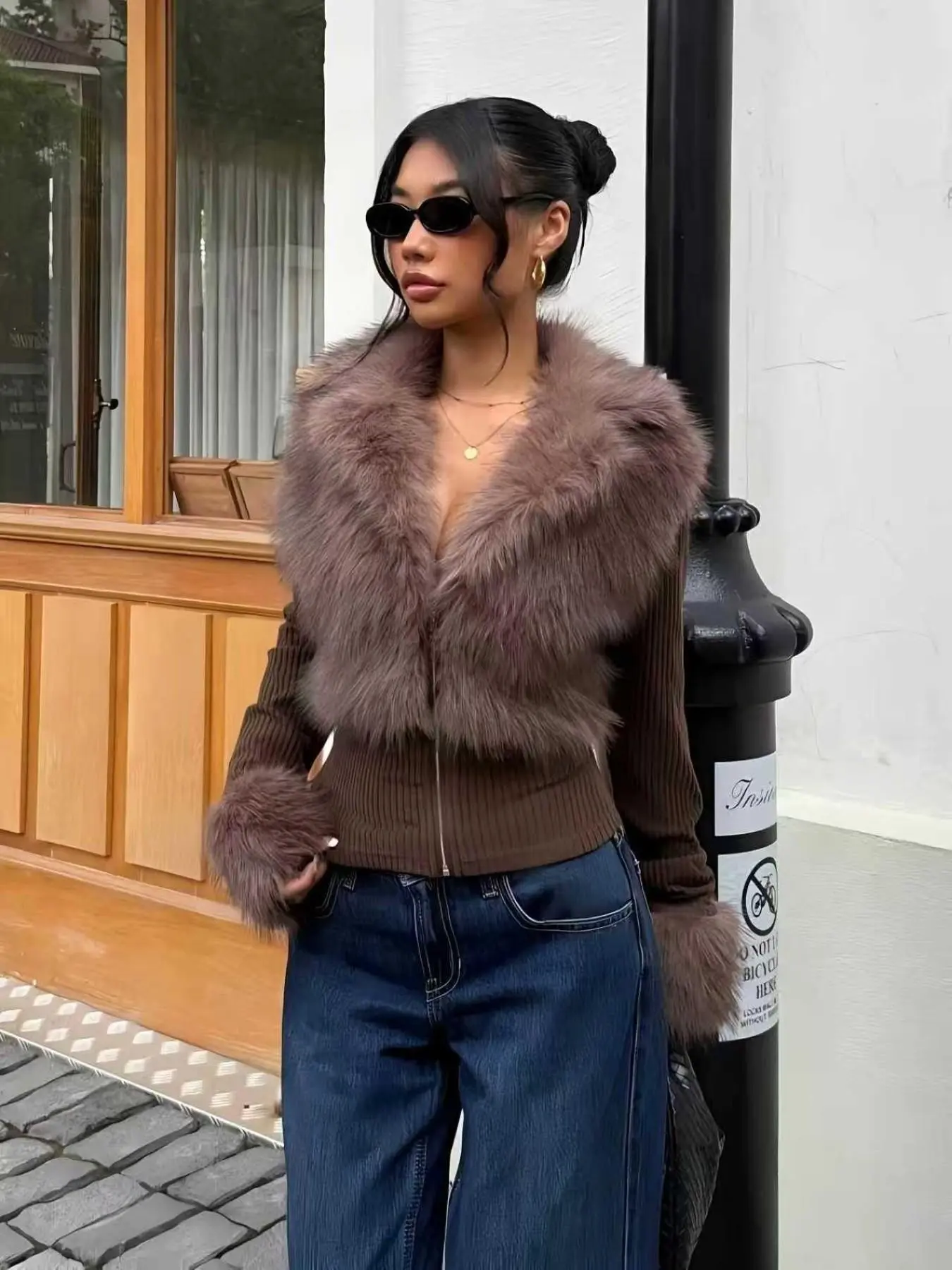 2026 New Fall/winter Women's Faux Leather Fur Patched Puffy Coat, Streetwear, Plaid Punk Style, Y2K Fashion 0015