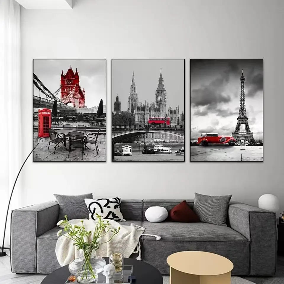 3pcs Eiffel Tower London Big Ben Wall Art Posters, and Unframed Canvas Prints, Living Room Home Decor, Artistic Decoration