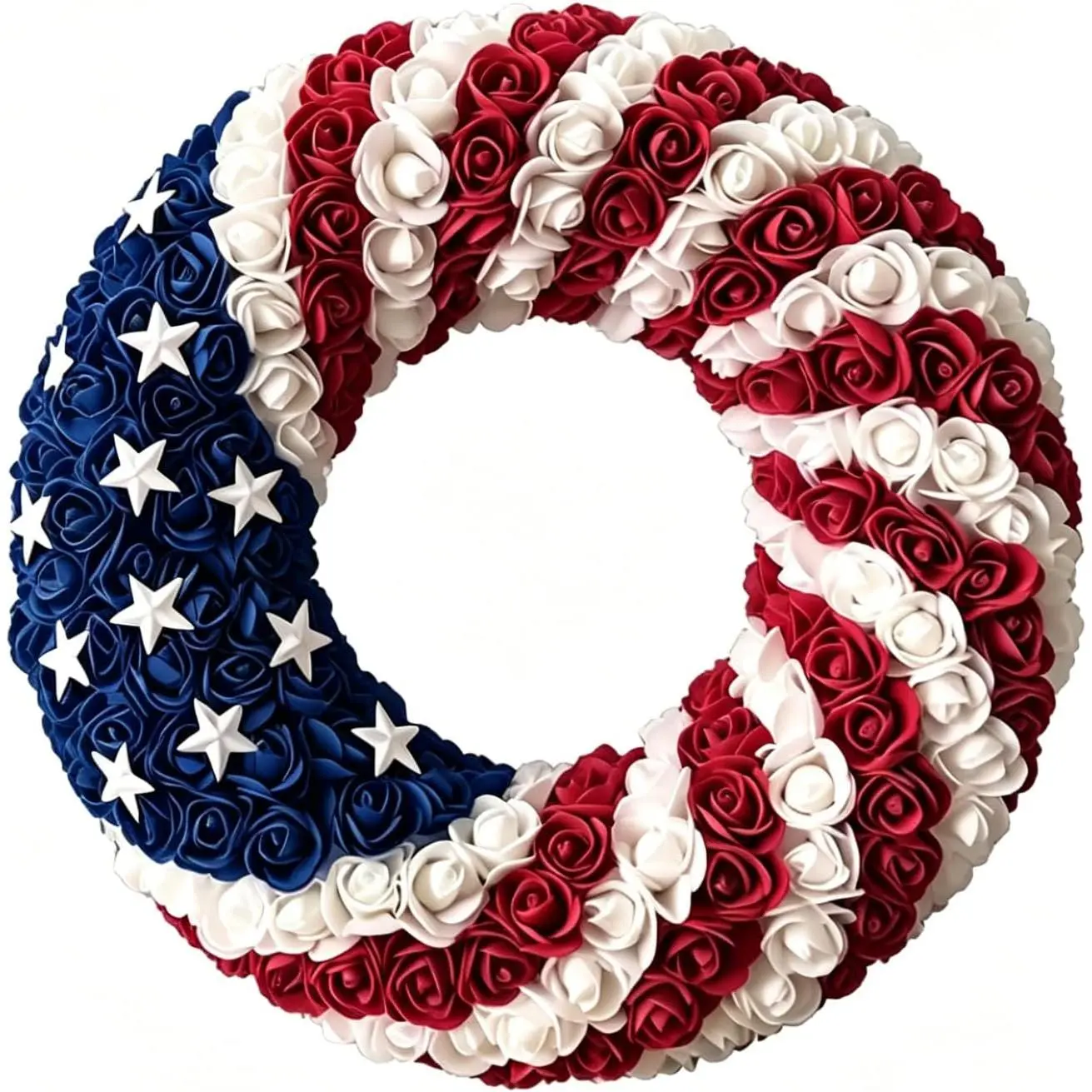 Patriotic Wreaths 4th of July American Artificial Red White Blue Flowers Handcrafted Memorial Day Decorations Festival Garland for Front Door Wall Home Decor 15.75 in