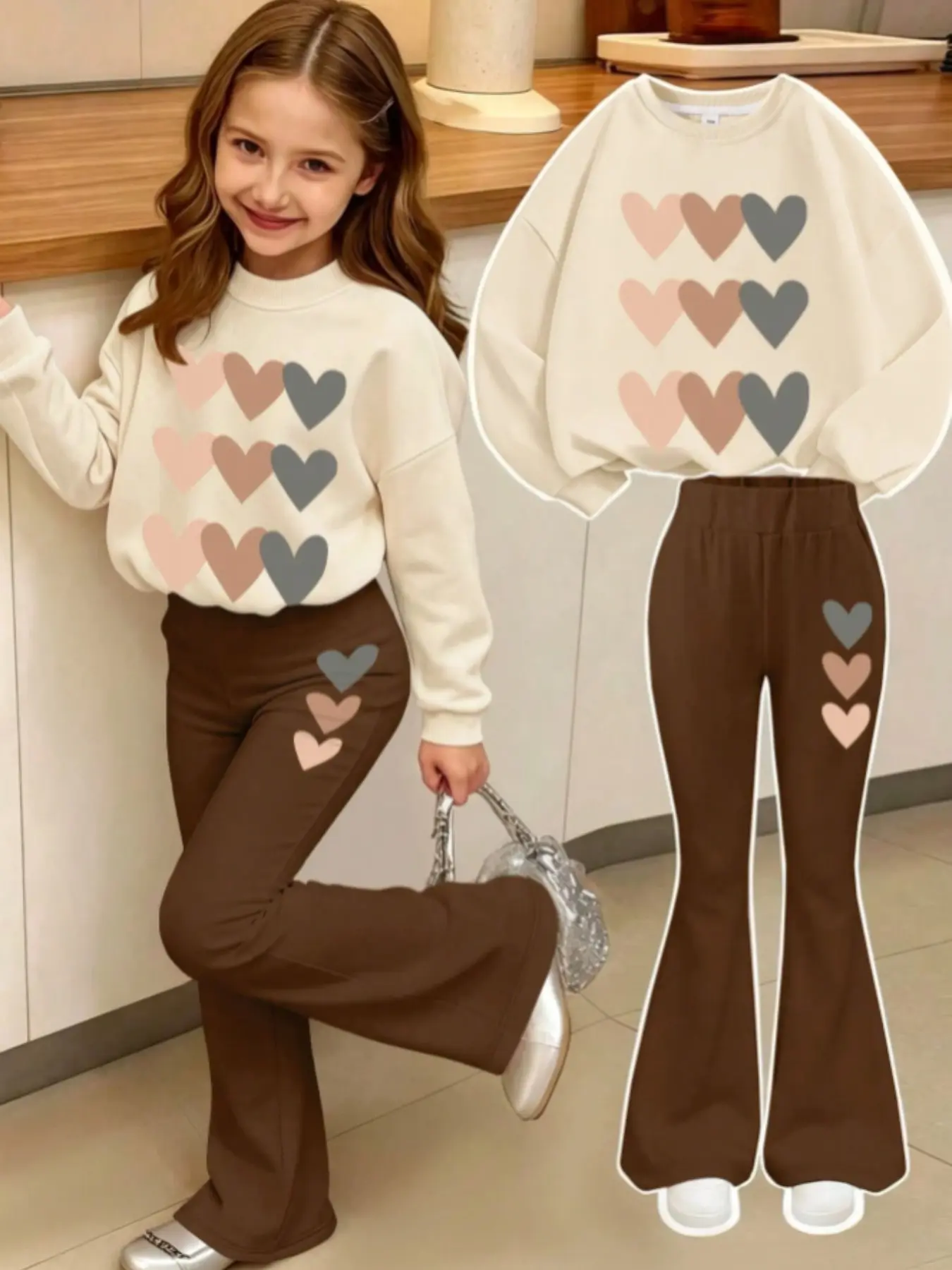 Girls' 2-Piece Set Sweatshirt & Bell Bottoms, Gradient Heart Print, Soft Fabric, Sweet Casual Daily Wear, Spring & Fall Fashion
