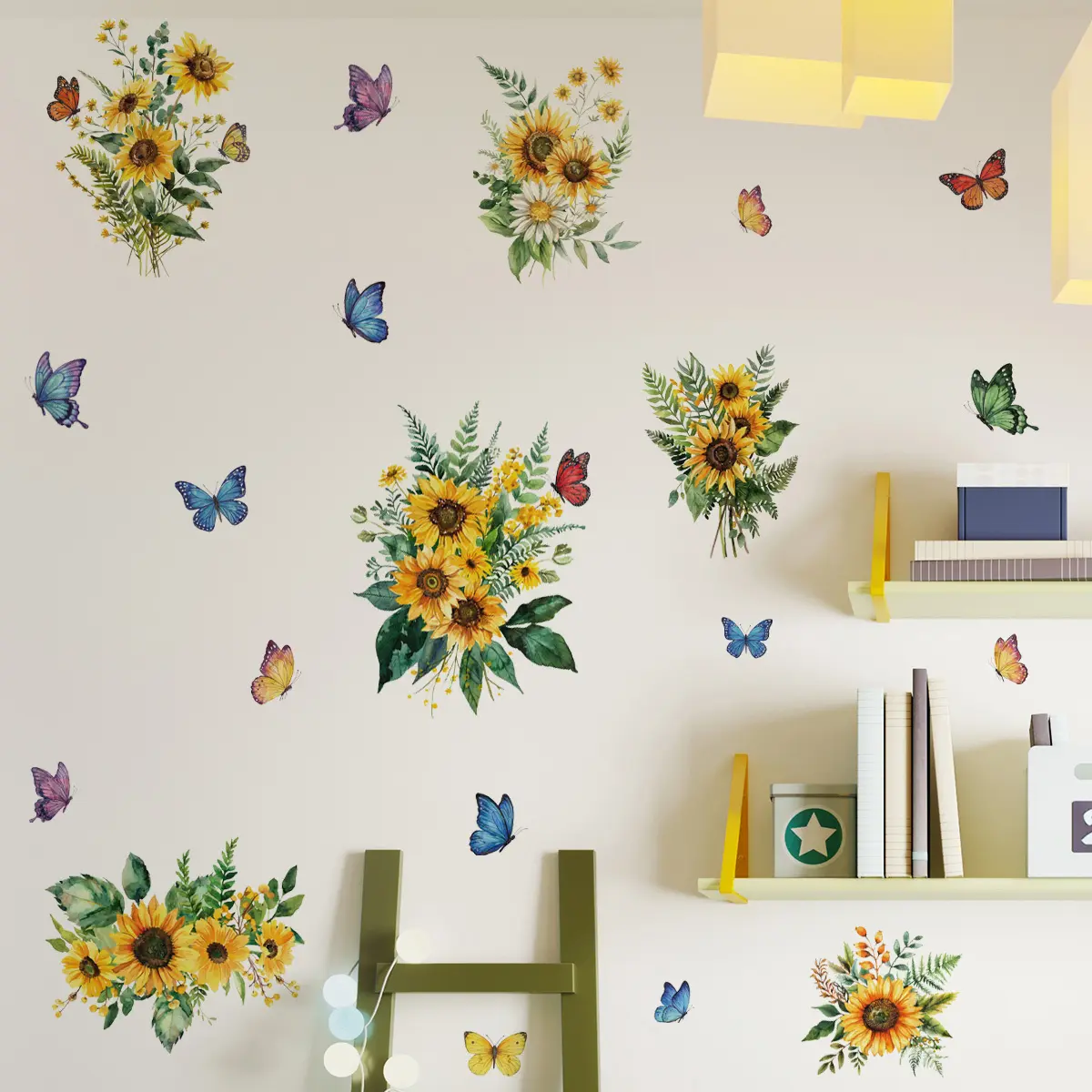 1Pc (30*90cm) Sunflower Daisy Bouquet Self-Adhesive Decorative Wall Sticker with Mixed Color Butterflies & Fern Leaves, Healing Wall Decor Decal for Bedroom & Entryway