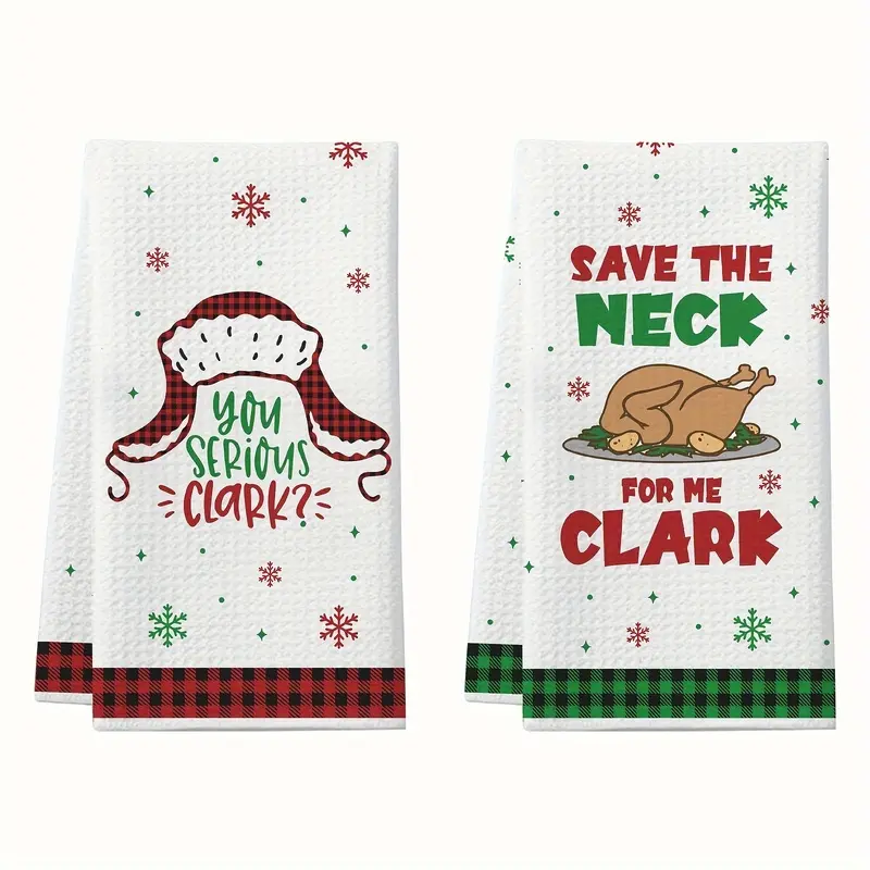 Set of 2 Christmas kitchen towels featuring fun movie quotes; soft, absorbent microfiber cloths for drying dishes and wiping countertops; reusable, machine-washable; a festive gift for movie lovers.