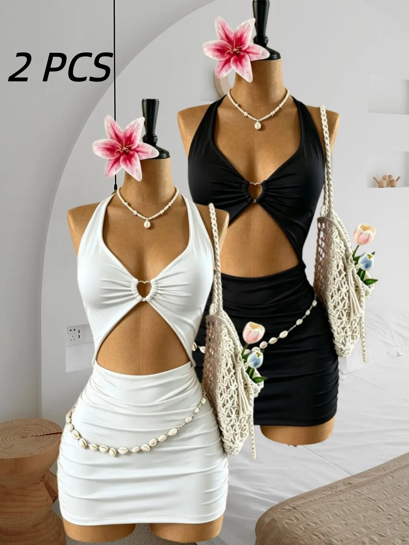 Deep V Neck Halter Dress, Heart Cutout Knot Design, Sweet Cool Sexy Waist Hollow Out, Tight Fit Bodycon Short Skirt Dress Set, Summer