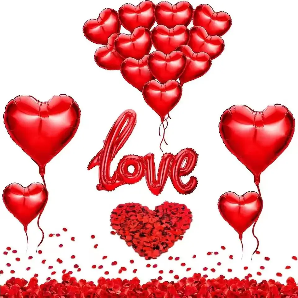 Valentine's Day Balloon Decoration Set, Heart Aluminum Foil Balloons with Love Banner and Rose Petals, Romantic Proposal Room Decor