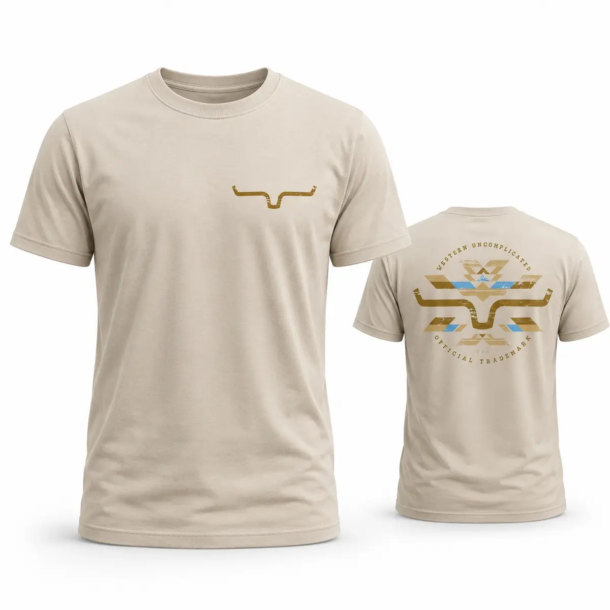 Men's Western Graphic T-Shirt, Shortsleeve Round Neck with Aztec Back Print and Front Horn Emblem, Casual Cowboy Menswear Tops, Geometric Tribal, Lightweight Poly