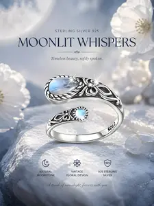 Vintage Bohemian Women's S925 Silver Moonstone Fashion Ring, Vintage Inspired Ring, Adjustable Open Spoon Shape, Anti-Allergy, Daily Wear Jewelry Gift, Unique Rings, Elegant Everyday Ring