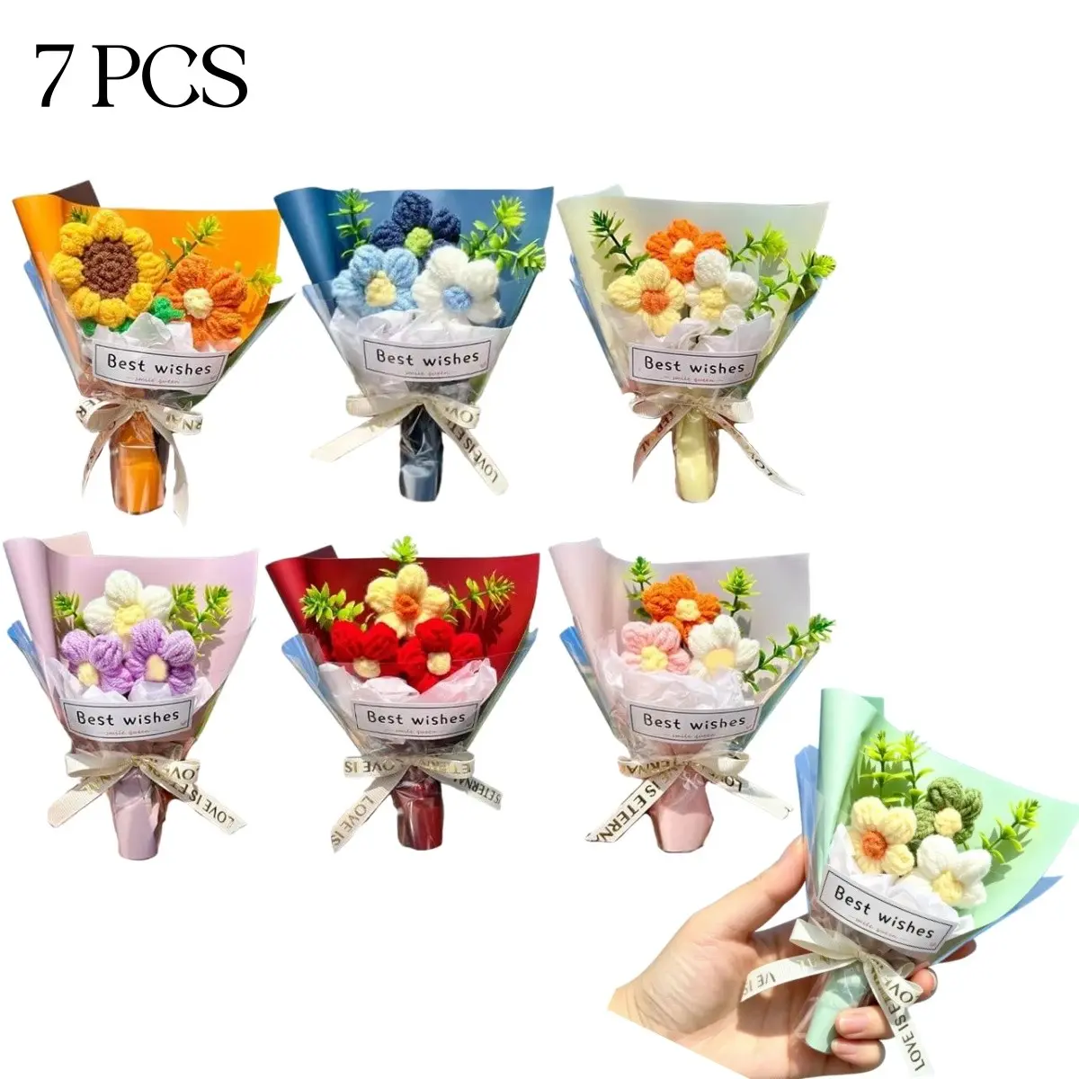 7PCS Crochet Mini Bouquet, Teacher Appreciation Back-to-School Gift, Sunflower/Rose, Desk Decor & Fall/Summer Ornament, Monthly/Quarterly Award, Holiday/Birthday/Christmas Gift, Women/Men/Wife/Mom/Teacher/Kids