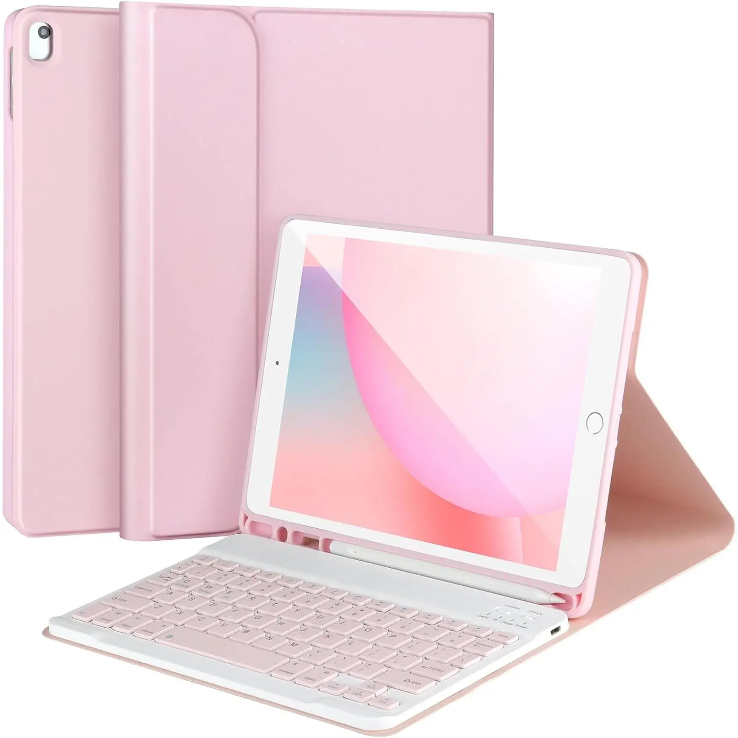 Keyboard Case for iPad 9/8/7th Gen 10.2’’,Case with Keyboard ipad 10.2 inch,Detachable Bluetooth Keyboard with Pencil Holder,Pink
