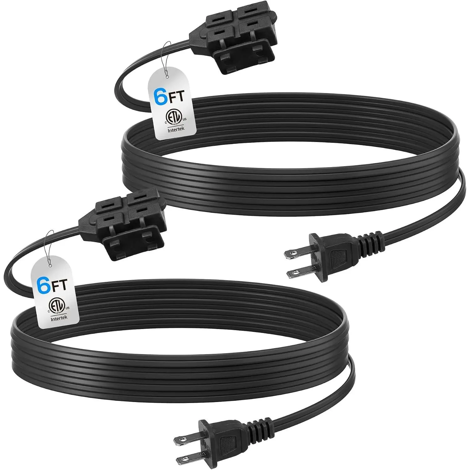 6ft Indoor Extension Cord, 2 Pack, 3-Outlet Polarized Flat , Household Power Cord for , Office, and Holiday Decorations, Black