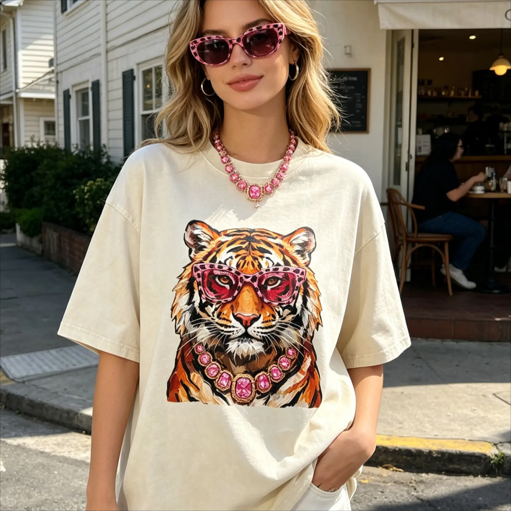 Women's Casual Round Neck Cotton Graphic Tee - Glam Tiger, Preppy Bling Animal Print, Boujee Leopard Graphic, Trendy Boss Aesthetic Top for Women, Summer Daily Outfit Gift, Women's Clothes, Trending Clothes