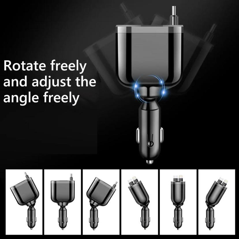 Compact Car Charger with Two Extendable Cables, Easy-to-Use Design for Apple and Android Phones, Multifunctional Portable Charging Solution