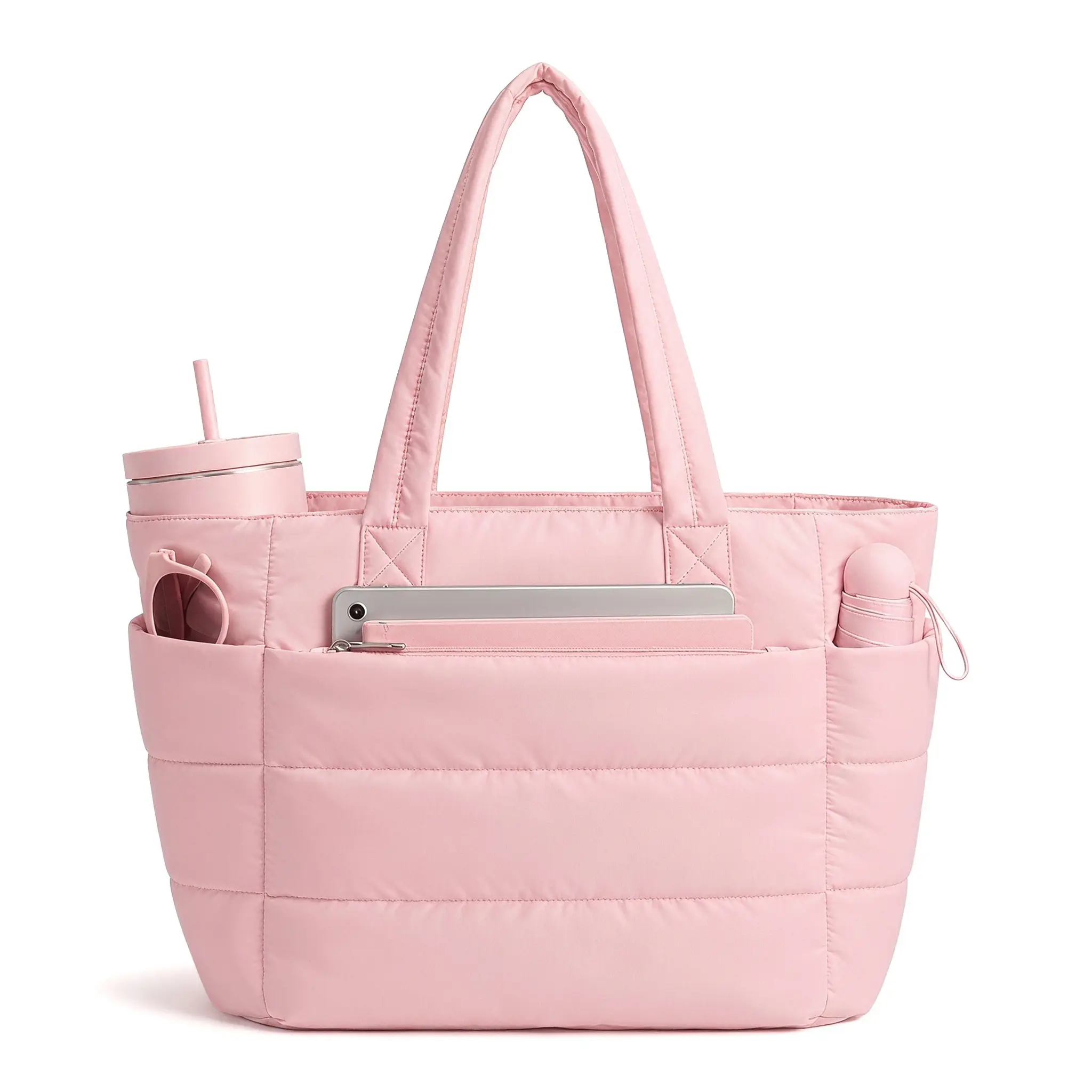 Puffy Quilted Tote For Women 20L Lightweight Bubble Nylon Laptop Shoulder Bag Built In 40oz Cup Holder Multiple Compartments Fits 15 6 Inch Laptop Work Travel College Commute Everyday Essential