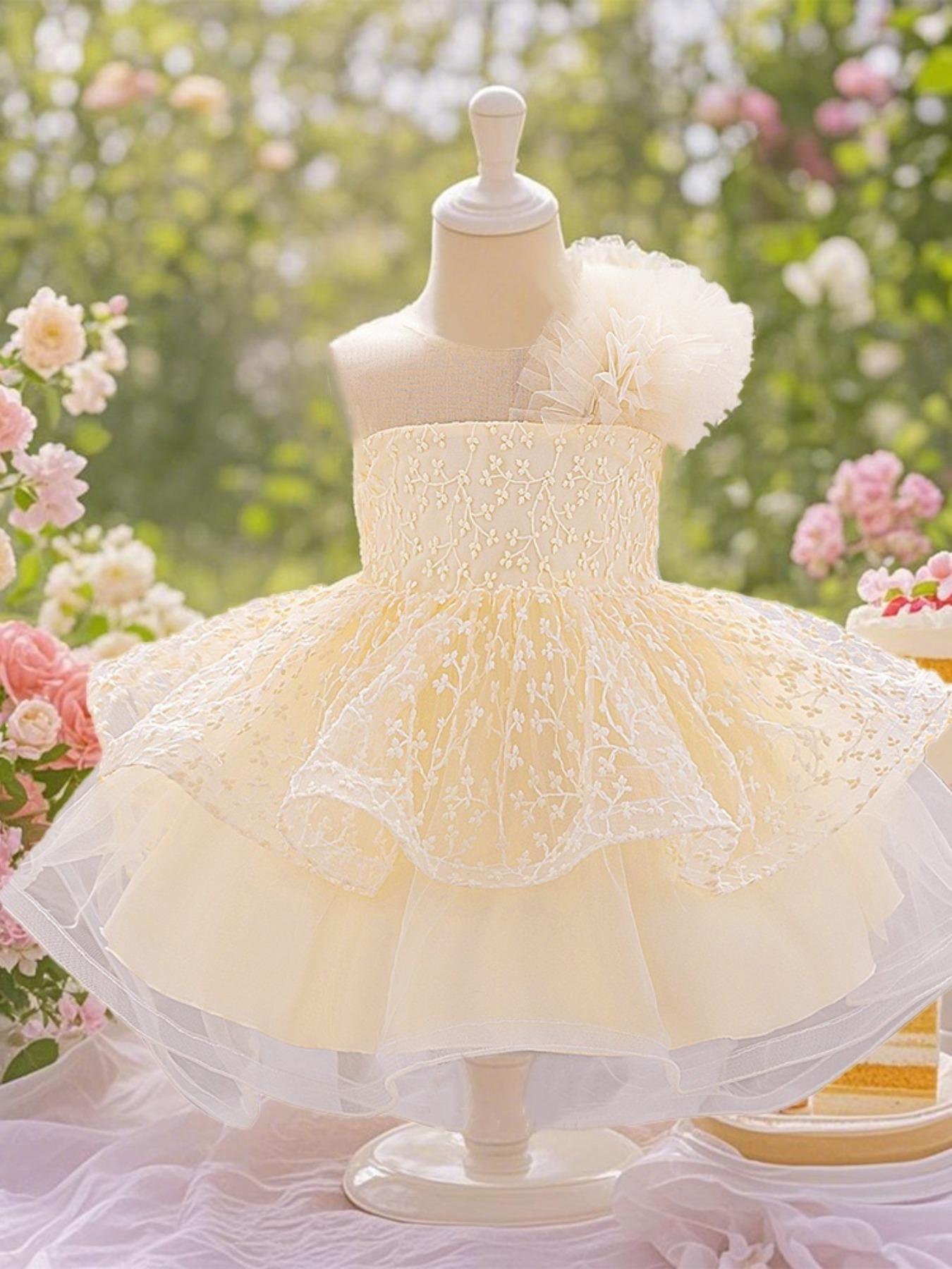 Baby Girl's Floral Print Mesh Ruffle Trim Dress, Elegant Cute Flower Decor Sleeveless Dress for Party Wedding Guest, Infant Toddler Kids Clothes for All Seasons