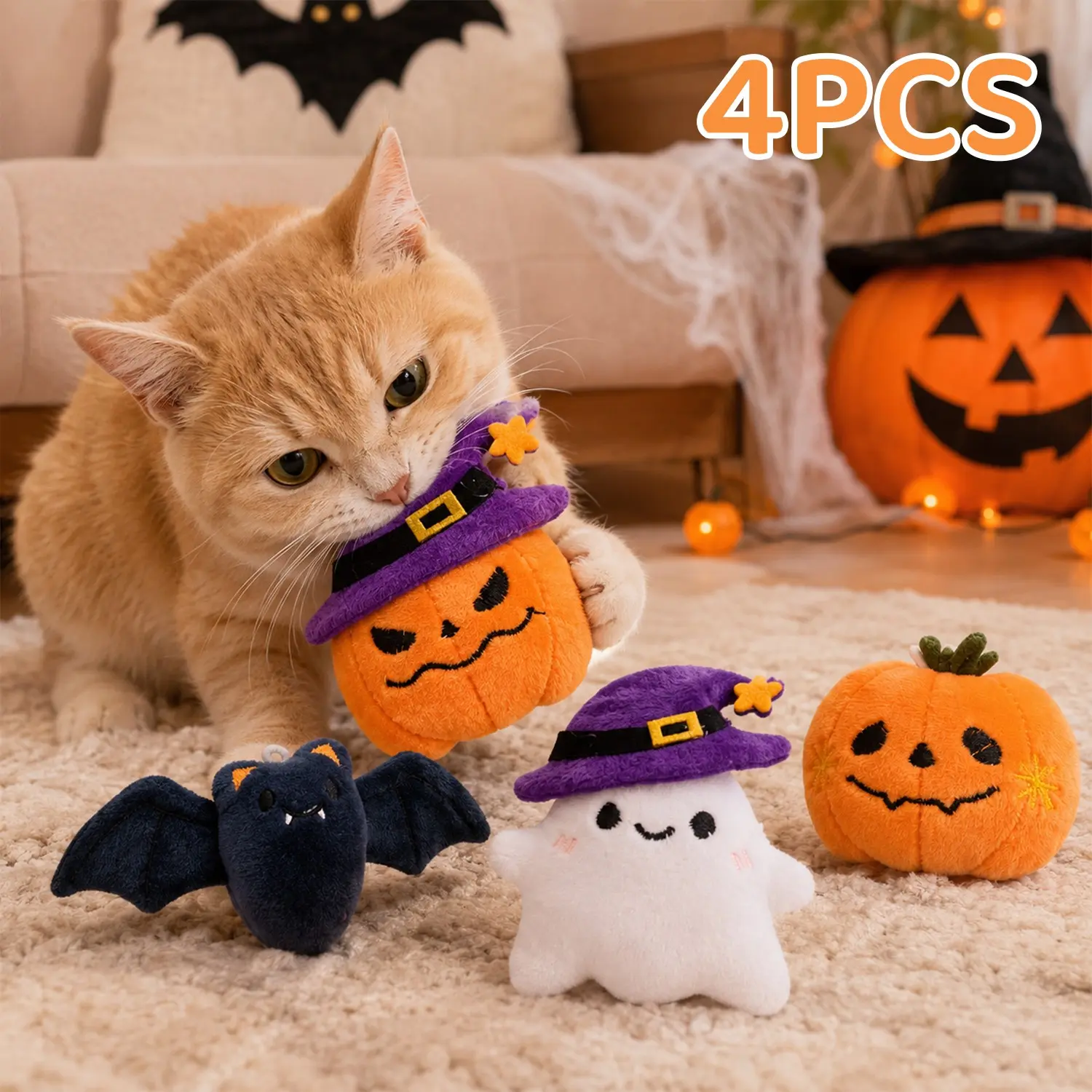 4PCS Halloween Plush Cat Toy Set with Pumpkin, Hat Pumpkin, Ghost & Bat, Soft Interactive Chew & Kick Toys for Indoor Cats, Fun Cat Enrichment Toys for Hunting, Biting, Exercise, Solo Play, Holiday Gift for Cats & Kittens