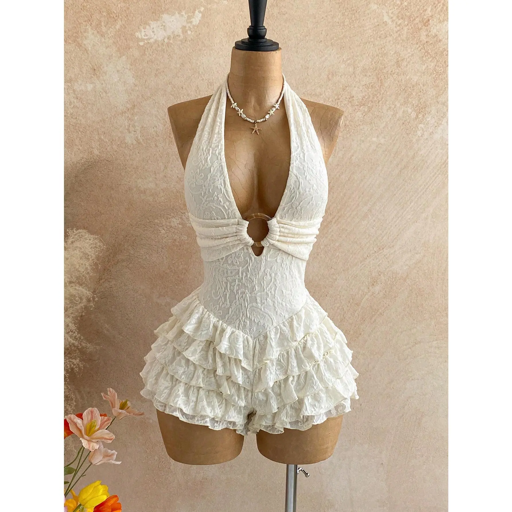 Women's Backless Knit Romper with Gold-Tone Ring Detail, Halter Style Short Jumpsuit for Holiday Vacation Wear, Fashion Apparel, Women's Clothes, Concert Outfits, Girly Feminine Items, Female Stylish Clothes, Festival Wear