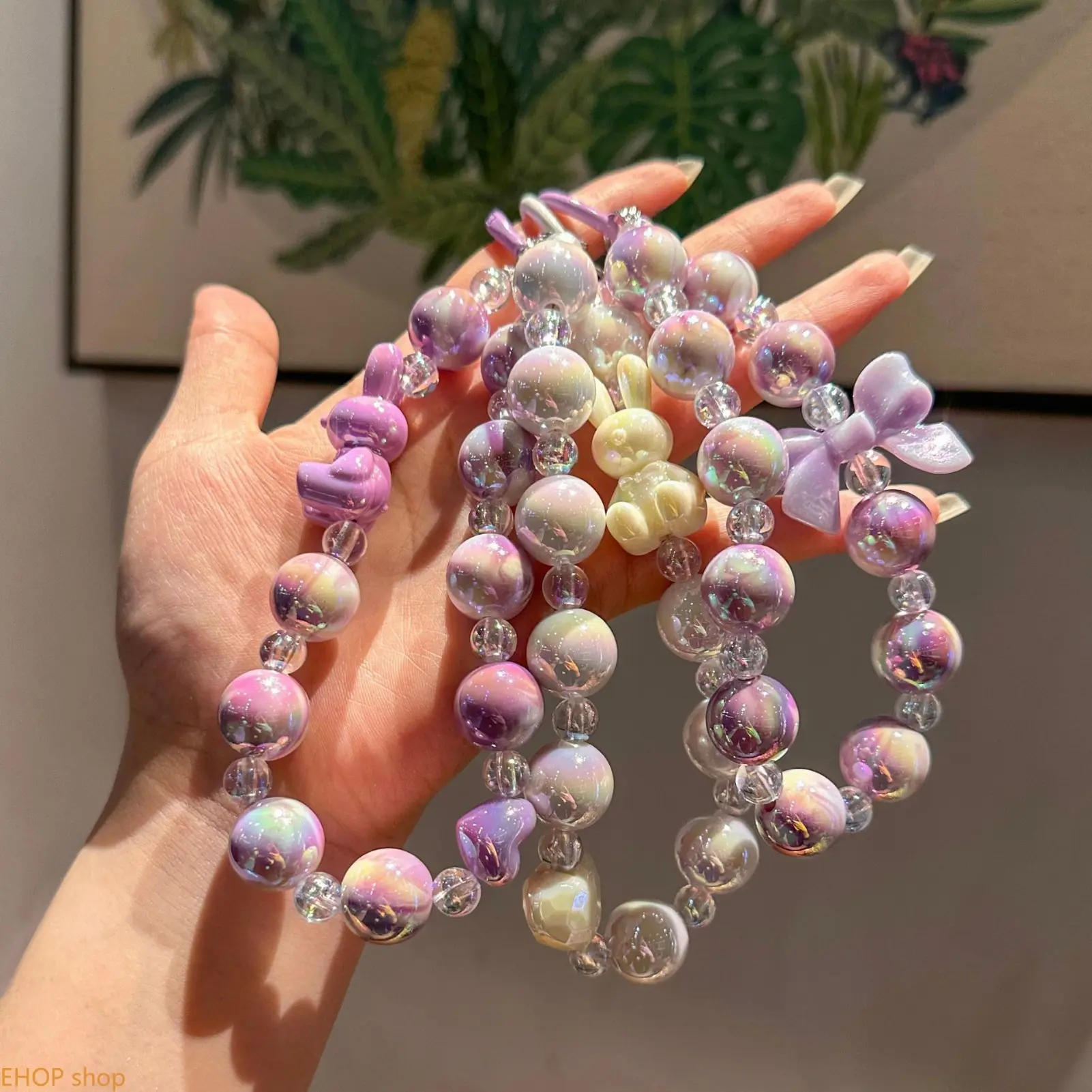 Aurora Iridescent Pastel Purple Beaded Stretch Bracelet 3D Bear Bow Heart Charms Y2K Kawaii Stackable Wrist Jewelry Cute Sweet Daily Wear Accessory