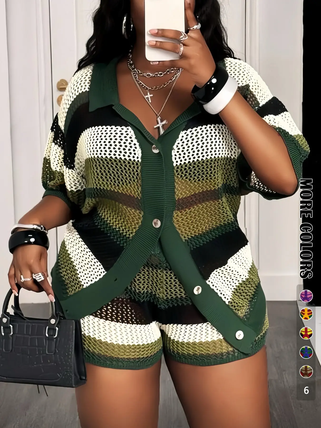 【Plus Size】 Women's Hollow Out Colorblock Button Front Cardigan Set, Casual Womenswear, Summer Wear, Chic Breathable Lightweight Half Sleeve Top & Shorts for Beach and Vacation