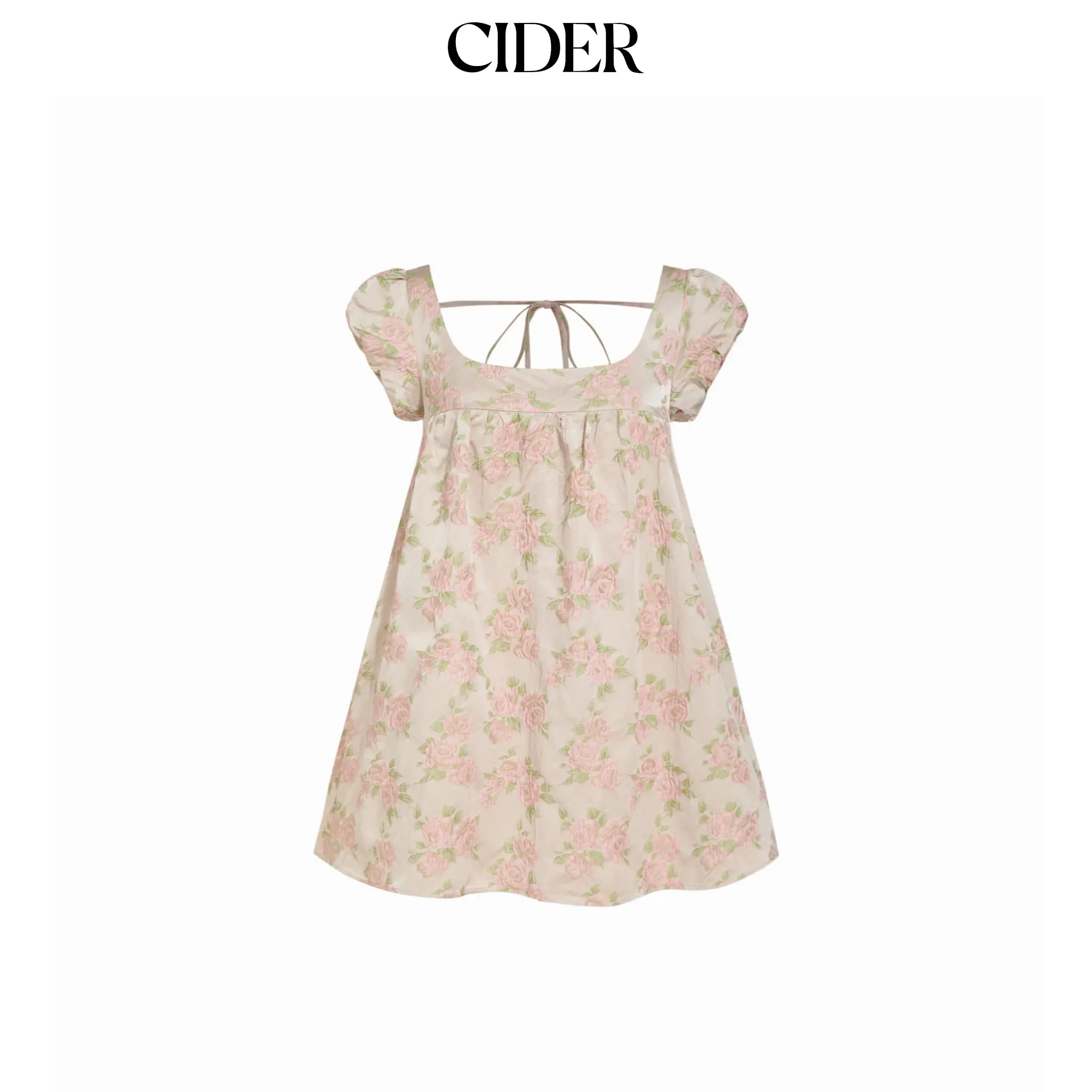 Cider Floral Embroidery Puff Sleeve Tie Back Oversized Babydoll Mini Dress SohoChic