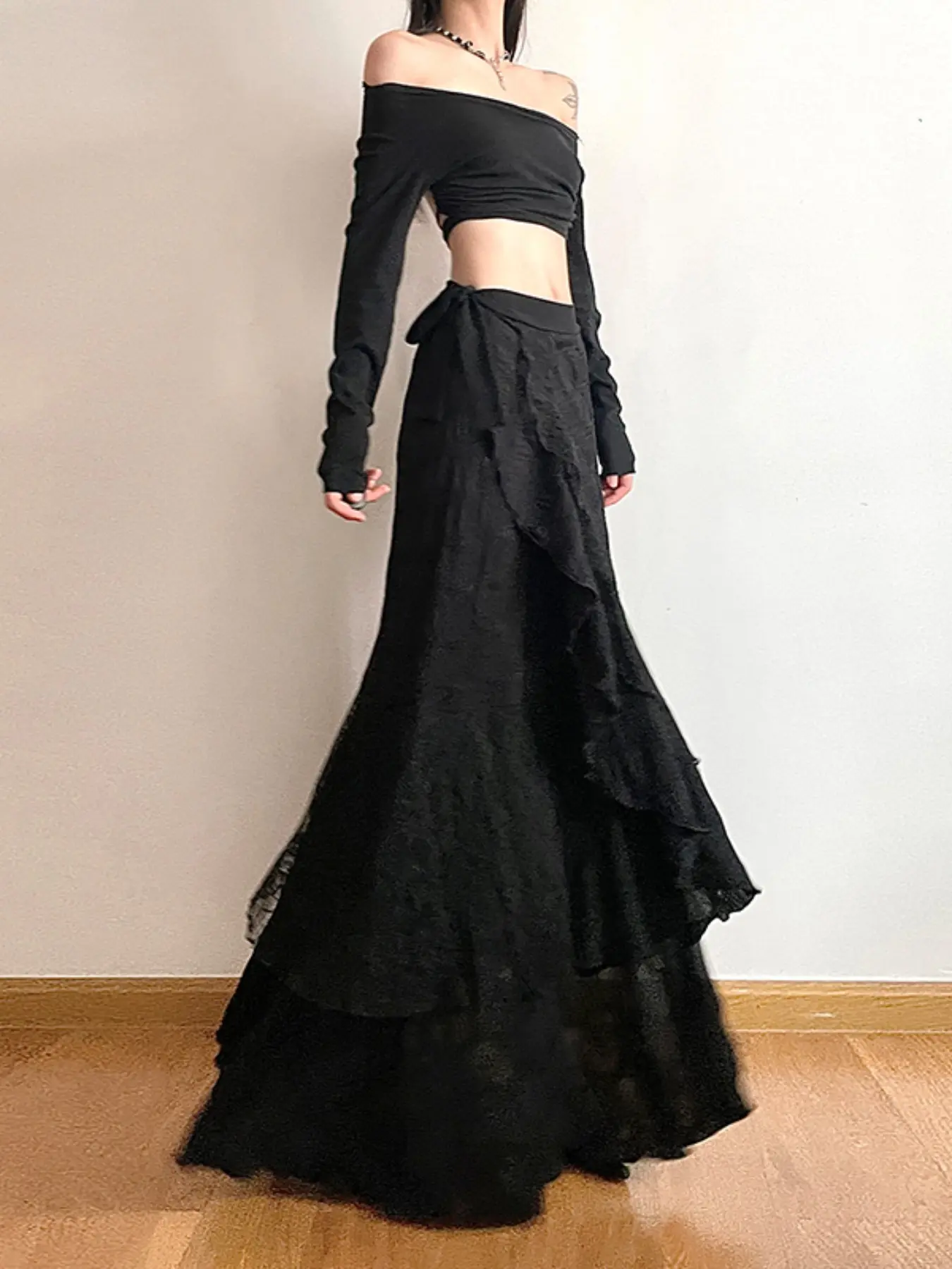 Women Lace Ruched Maxi Skirt, High Waist Loose Irregular Ruffle Tiered Flowy Long Skirt, Street Fashion Skirt, Dark Fairy Grunge Goth Streetwear
