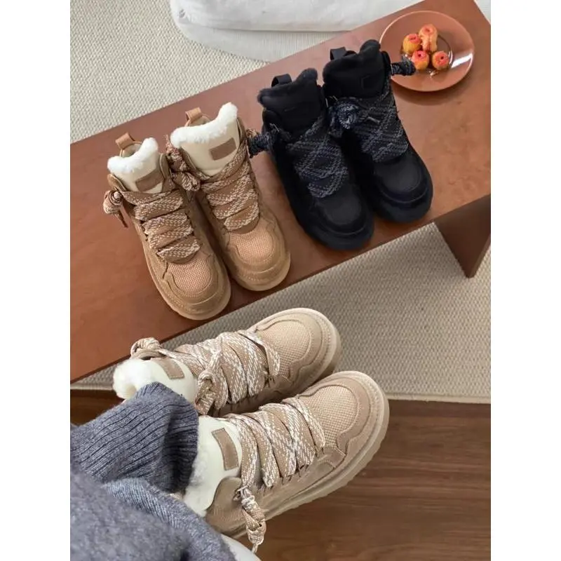 Women's Winter Fleece-Lined Thick-Sole Lace-Up Low-Top Warm Snow Footwear, Laces-Equipped Shoe (Size 43)