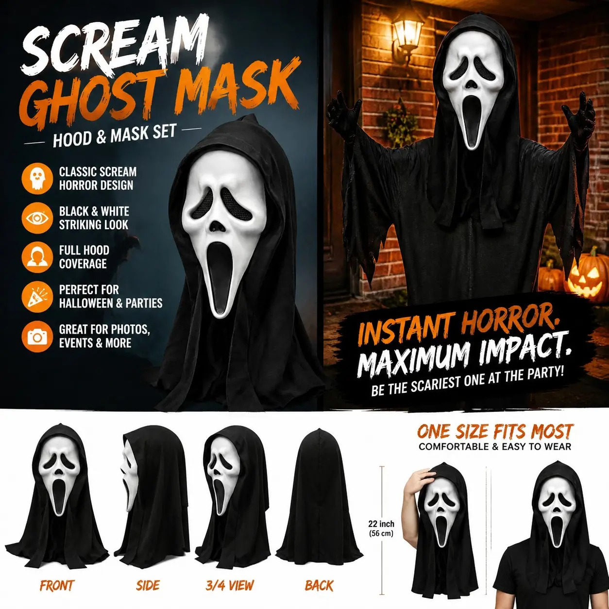 Screaming Ghost Realistic Mask with Hooded Headgear, Classic Horror Movie Prop, Halloween Costume, Party Gift, Adult Unisex
