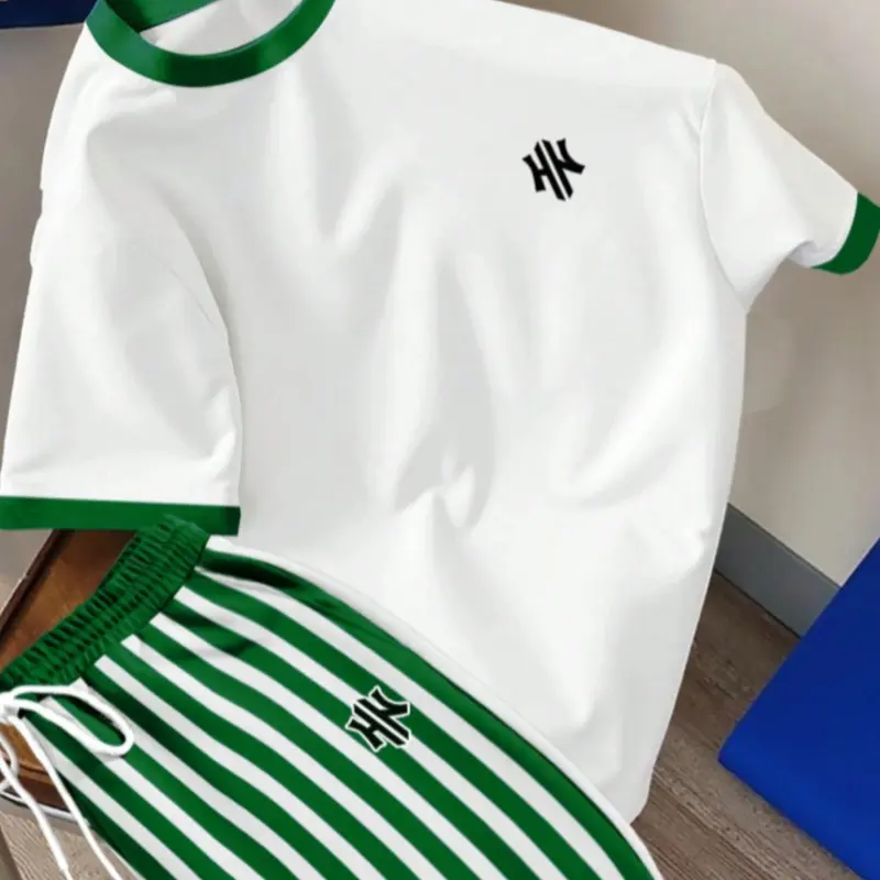Men's Casual Letter Print Short Sleeve T-Shirt and Striped Shorts Set Casual Matching Sets for All Seasons