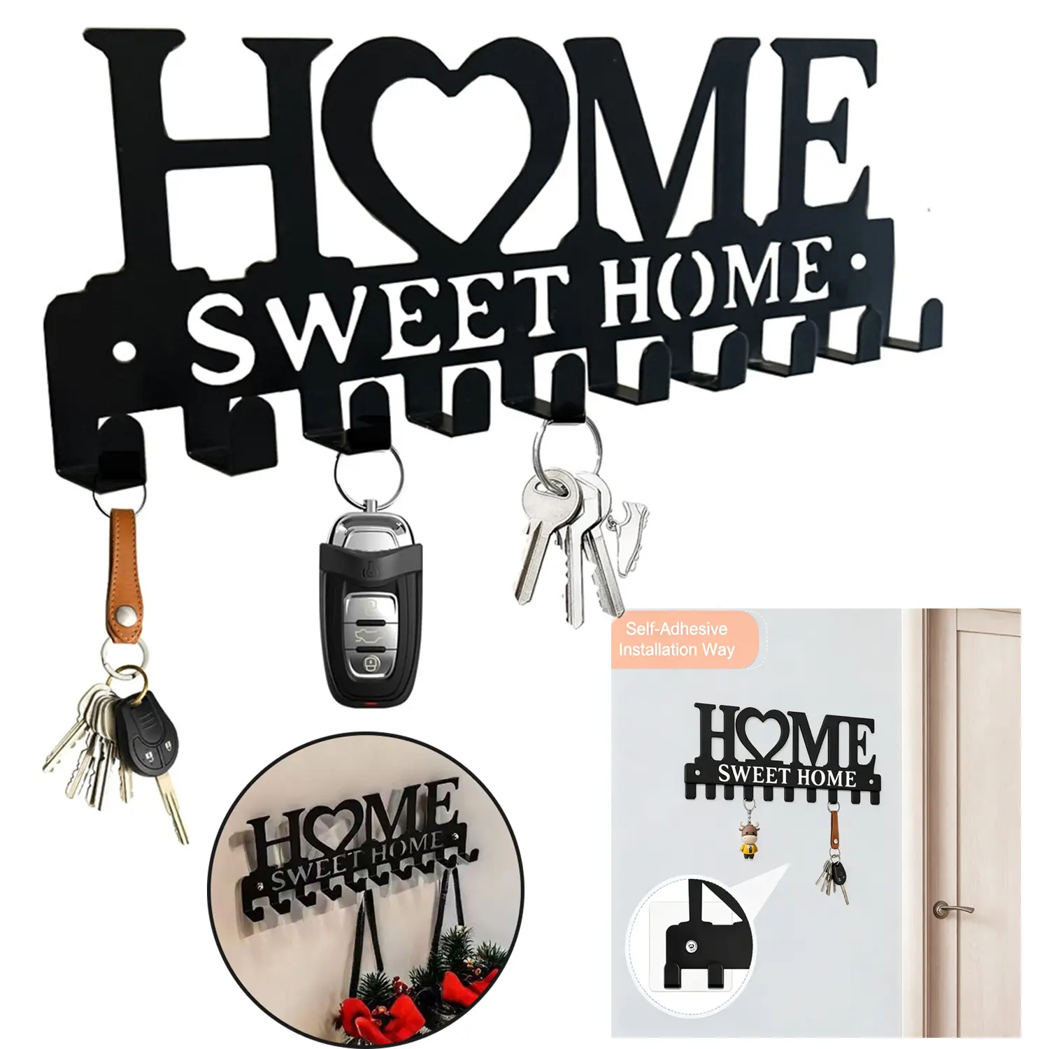"Home Sweet Home" Wall Mount Key Holder, 10-Hook Entryway Organizer, Multi-Functional Rack for Keys & Mini Purses, Decorative Housewarming Gift