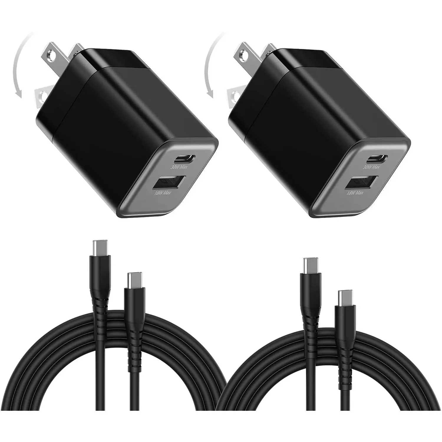 30W USB C  Charger,  Port USB C Wall Charger with Foldable Plug for  17/16/15,  S24, iPad, 40% Smaller &  Nano Charger Block, (Black with Cables, 2 Pack)