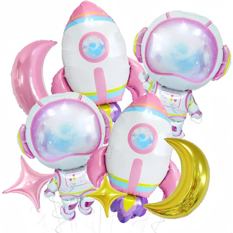 8Pcs Purple Astronaut Rocket Balloons with Ribbon, Balloon Decor for Girls' Moon Birthdays & UFO Space-Themed Baby Shower, Festive Party & Home Supplies, Includes Ribbon