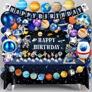 Outer Space Birthday Party Decorations Space Themed Party Supplies Planet Banner Backdrop Cake Topper Solar System Paper Lantern Galaxy Tablecloth Balloon Garland Kit for Space Astronaut Party Decor